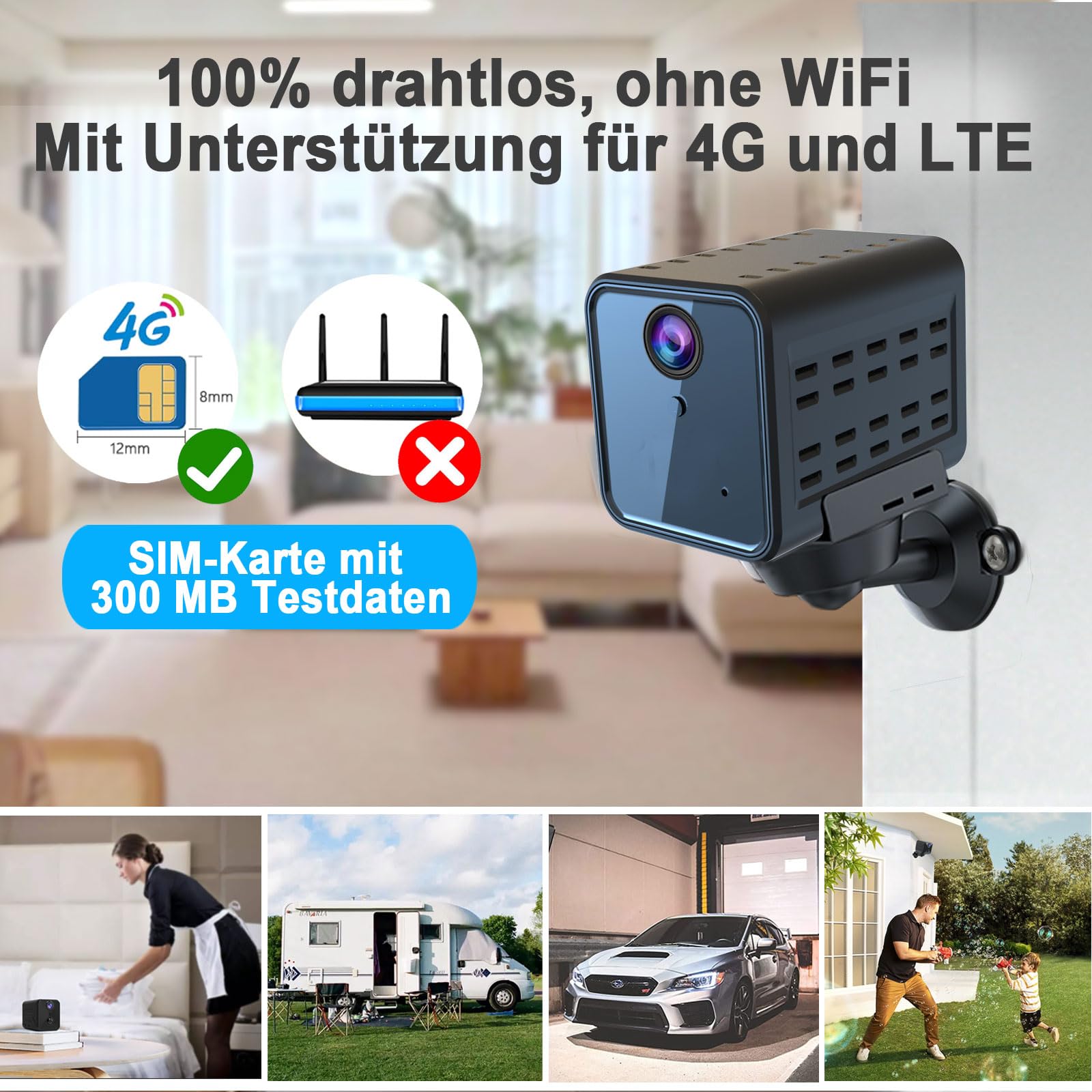aidowocam Mini Kamera Außen,4G fensterkamera,Kamera Überwachung aussen, 2400 mAh Akku-Kamera, 2K Überwachung Innen,Live Übertragung SIM Karte, Radar Bewegungsmelder Nachtsicht