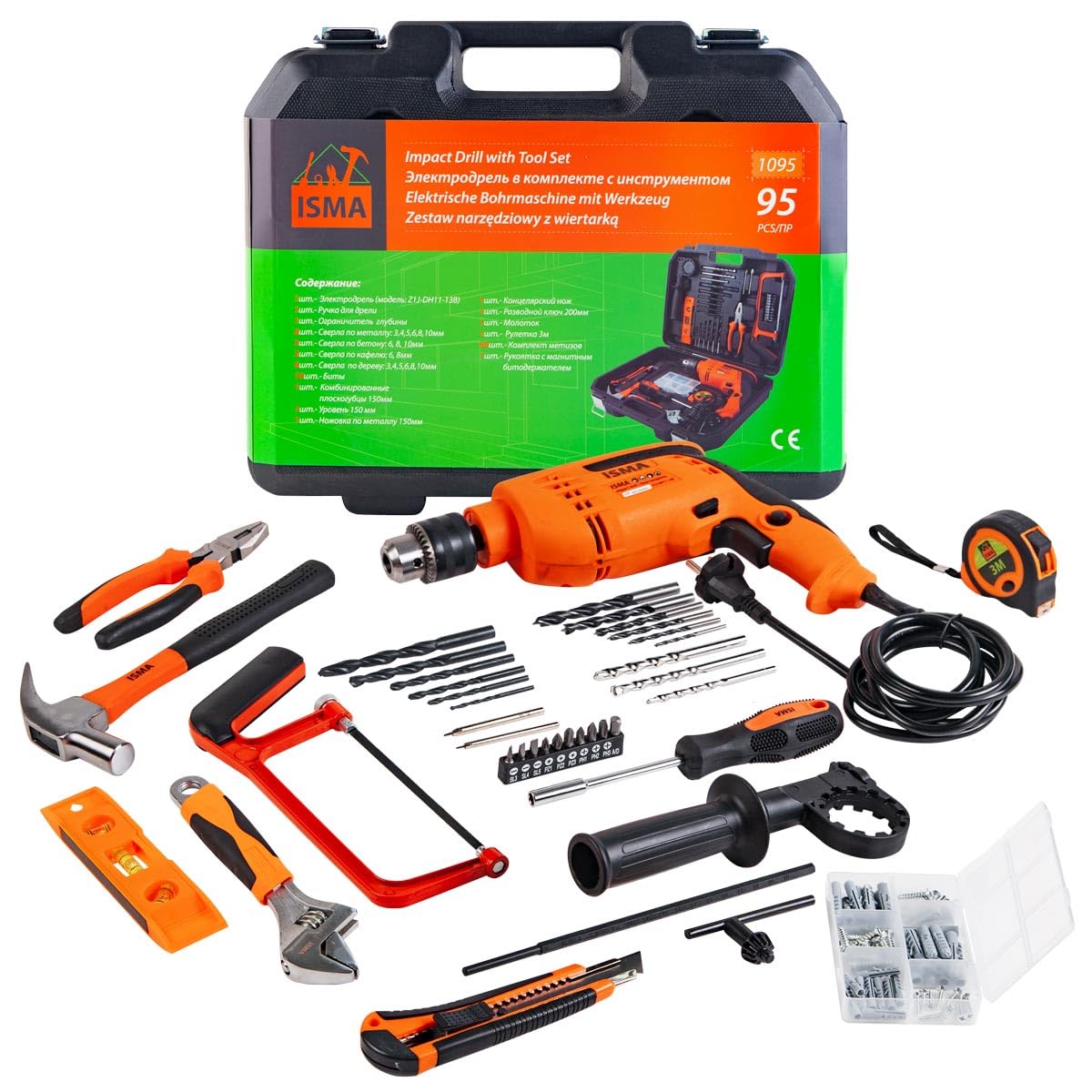 ISMA Kit de Taladro Atornillador 12V 750 W con 95 Piezas - Caja Completa con Destornillador Eléctrico, Llaves, Sierra, Alicates, Brocas y Más - Maletín Profesional para Oficina, Jardín y hogar