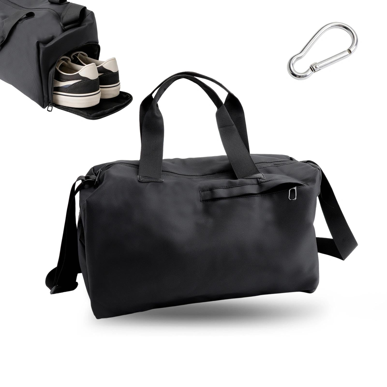 Bolsa de deporte unisex con compartimento húmedo y seco, compartimento para zapatos y múltiples bolsillos, incluye mosquetón blanco, para gimnasio, viajes, natación, color negro