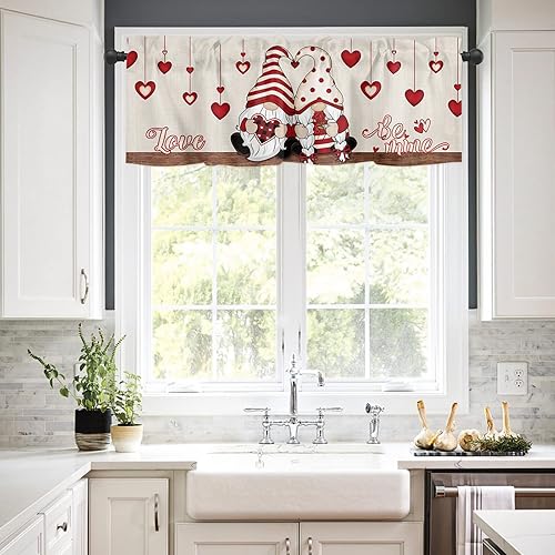 Miniatura 1 de Cenefa de San Valentín para ventanas, cortinas de gnomo con corazón, cenefas con bolsillo para barra, tratamientos románticos de San Valentín,