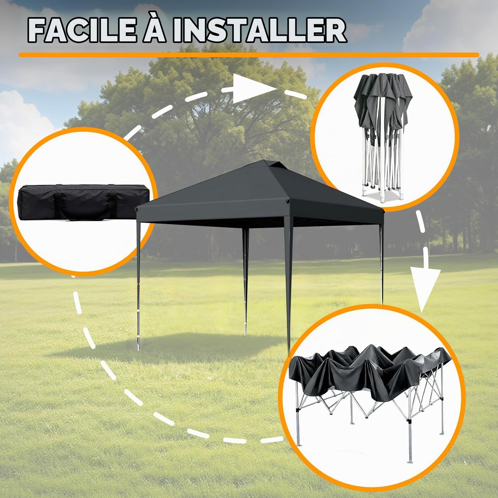 Tonnelle de Jardin 3x3m,Tente Pliante de Exterieur avec 4 Côtés、4 Sacs de Sable、Sac de Transport,Tonnelle Pliante Imperméable，Anti UV，Hauteur Réglable，Tente de Camping,Barnum,Anthracite