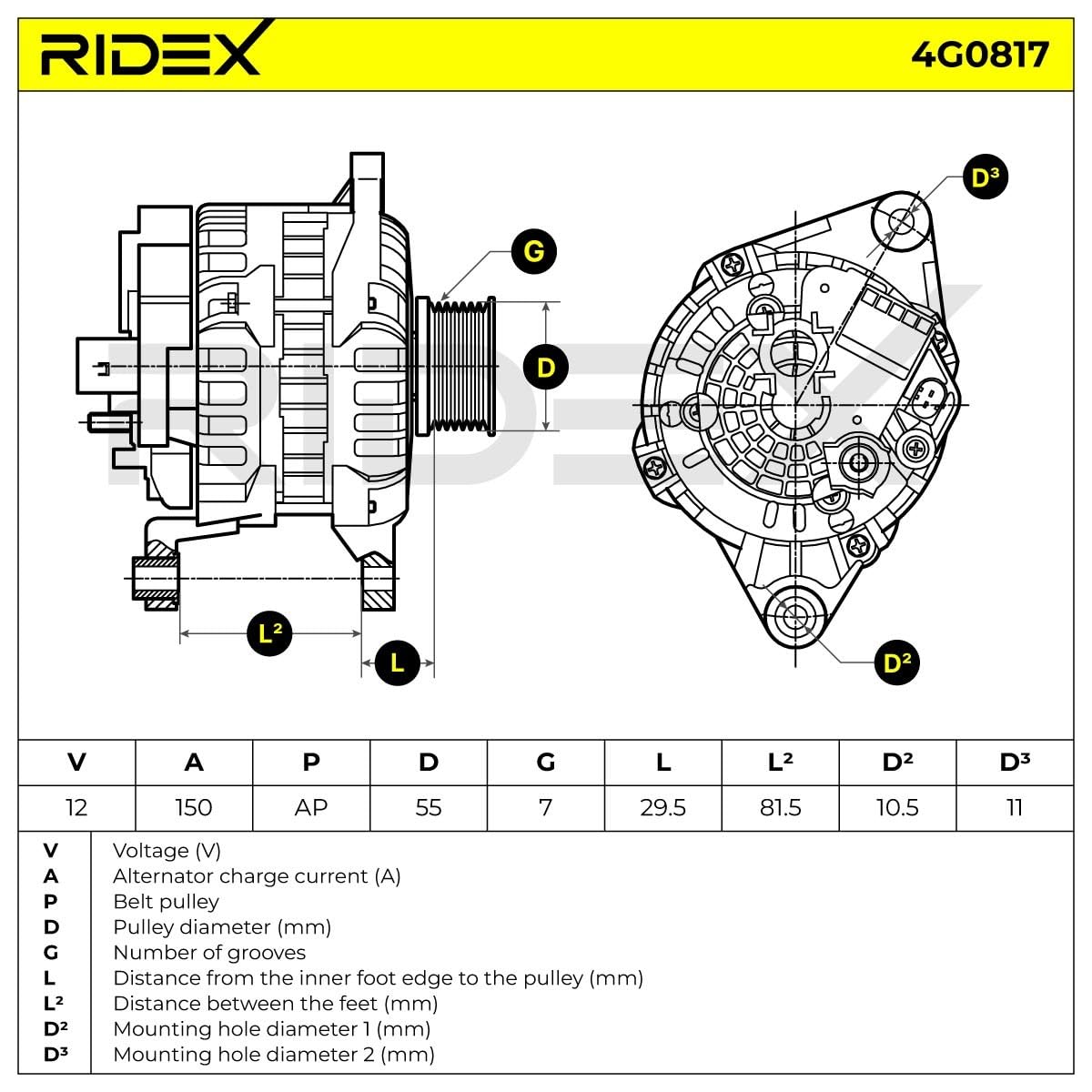 Alternator Generator RIDEX 4G0817 150A 14V Kompatybilny z IVECO DAILY V platforma/podwozie DAILY V nadwozie pełne/kombi DAILY IV nadwozie pełne/kombi Daily IV Burtowy Ciężarówka/Podwozie