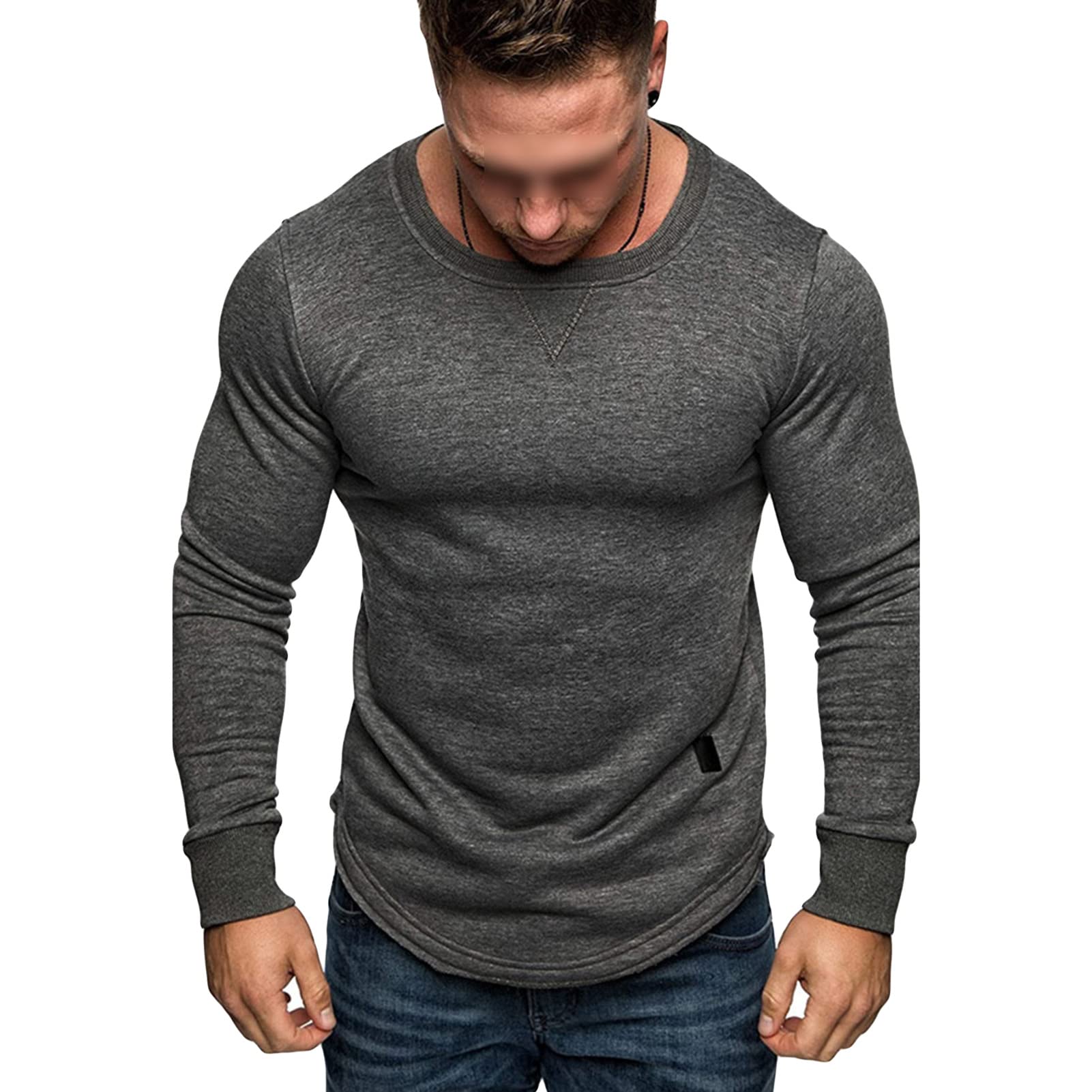Men's Long Sleeve Muscle Fitted T-Shirt Gym Workout Athletic Stretch Shirts Crew Neck Bodybuilding Training Top (Dark Grey,X-Large)