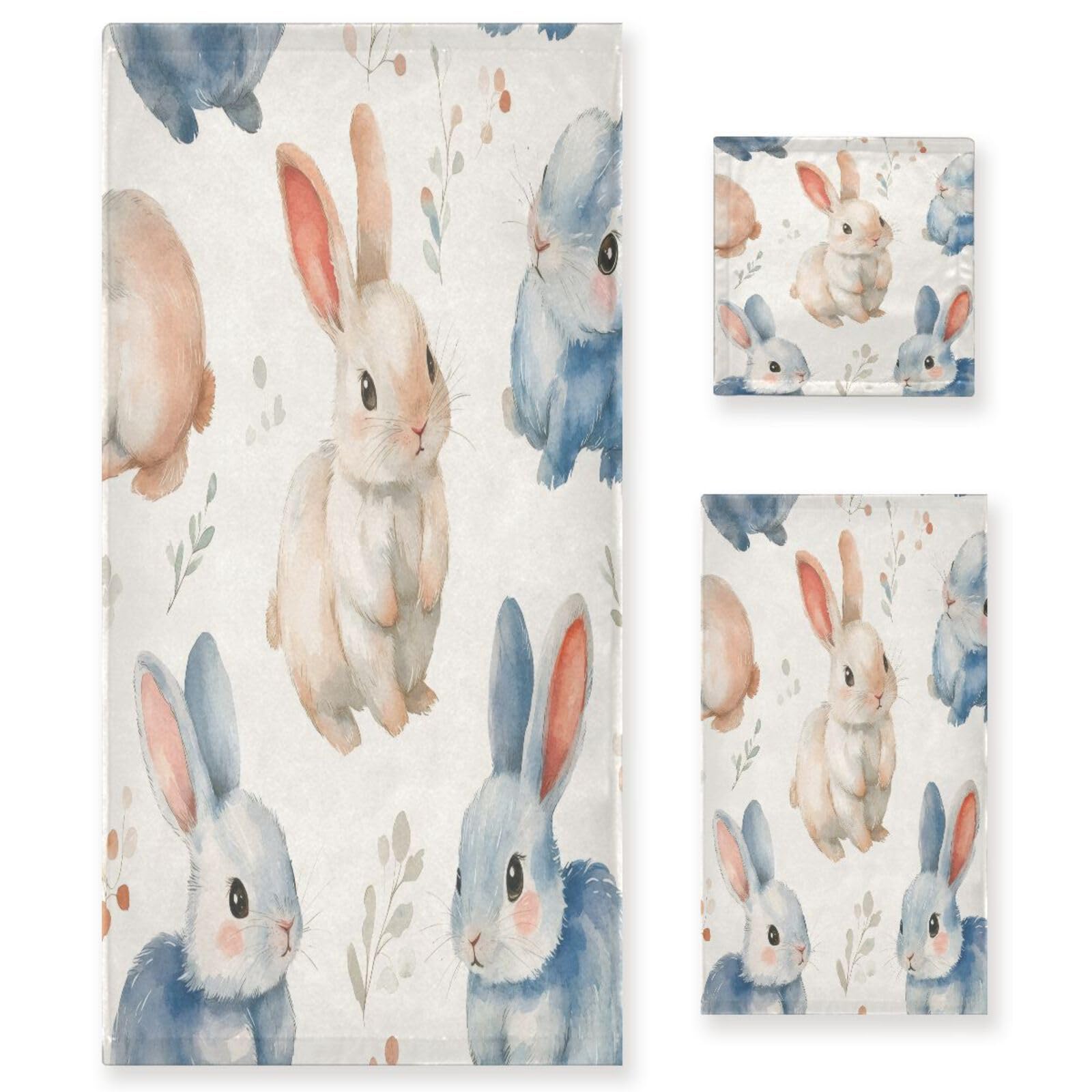WELLDAY Cute Rabbits Bath Towels Soft Absorbent Bath Towels Bath Towel Set of 3 for Home Hotel Bathroom Decor