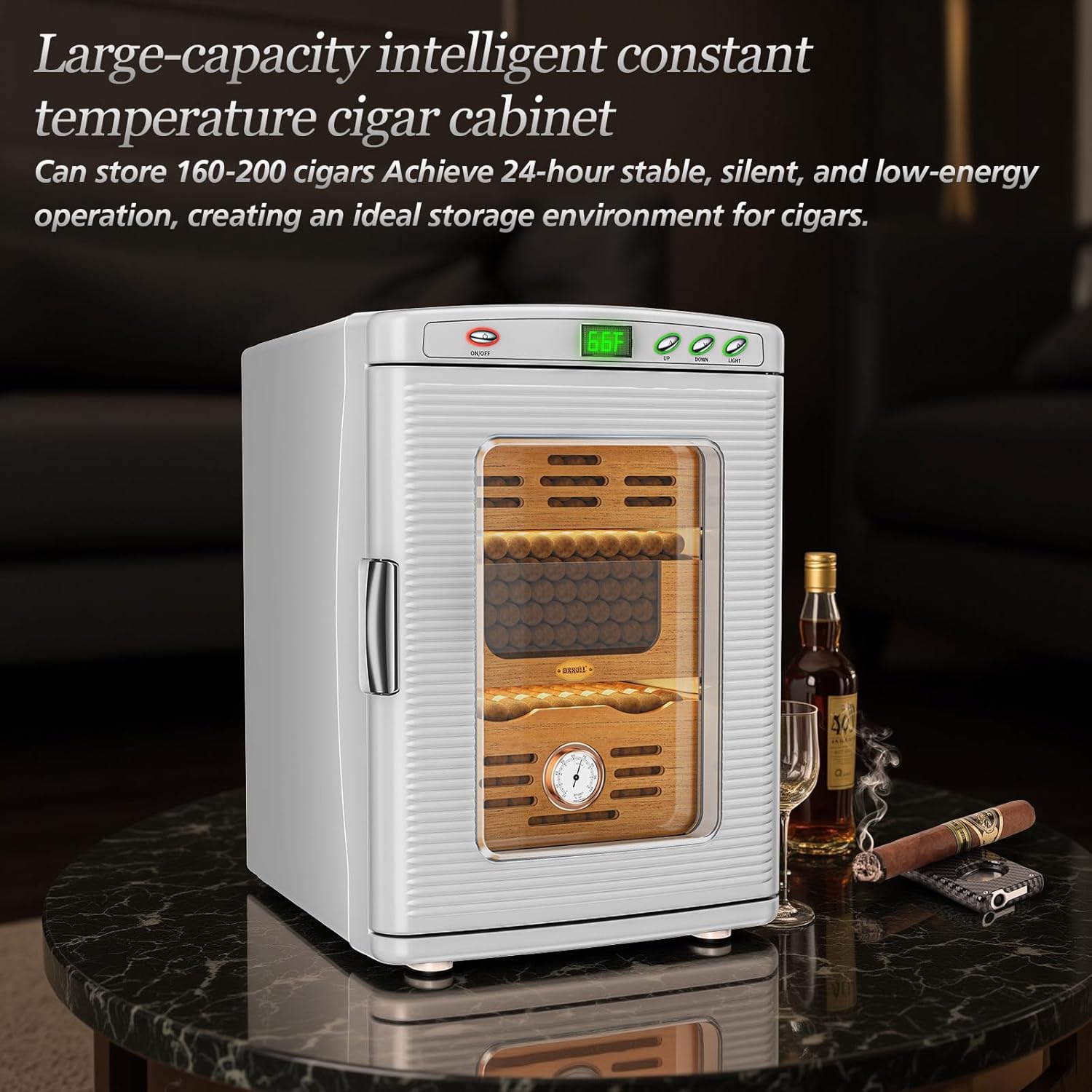 Cigar Humidor Cabinet, 25L Electric Thermostatic LED Cigar Humidor for 160-200 Cigars, Cedar Wood Shelves, Hygrometer & Humidifying Tray, Glass Door, ABS Moisture proof Shell, Cigar Care Partner