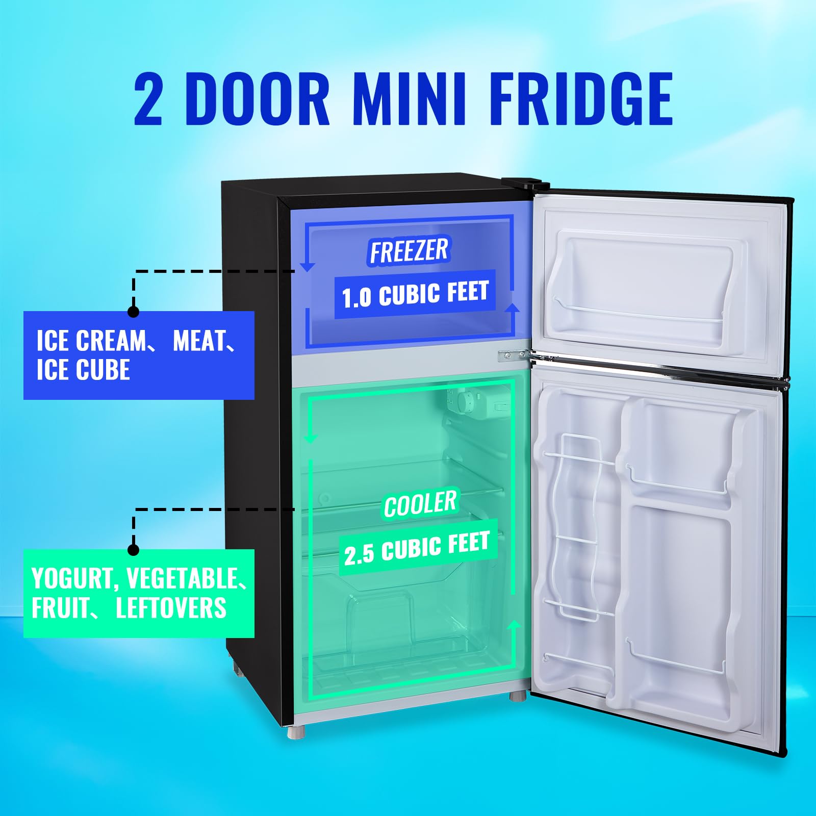 Tacool Mini Refrigerator With Freezer Small Fridge Double Door Side Drink Holder Adjustable Glass Shelves, Plastic Crisper, 7 Level Temperature Control For Bedroom, Office, Apartment Black on Fridge.com - View 3