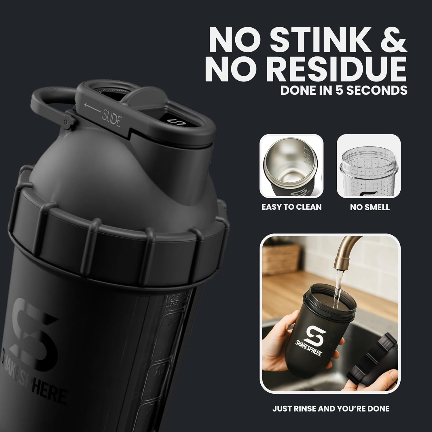 SHAKESPHERE Tumbler Protein Shaker Bottle - BPA-Free 24oz Blender Shaker Cups for Protein Shakes, Purees, Fruit, Smoothies & Pre Workout with Clear Window - Bladeless Mixer & Leak Proof - Matte Black - Image 7