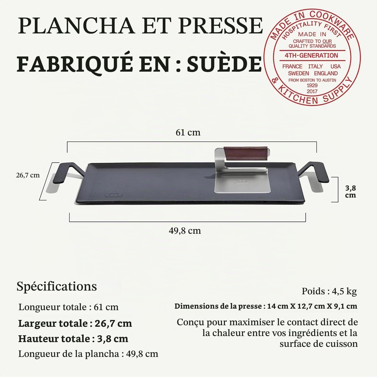 Made In Cookware – Plaque chauffante en acier au carbone + presse-grill – (comme la fonte, mais en mieux) – Fabriquée en Suède - Batterie de cuisine professionnelle – Compatible induction