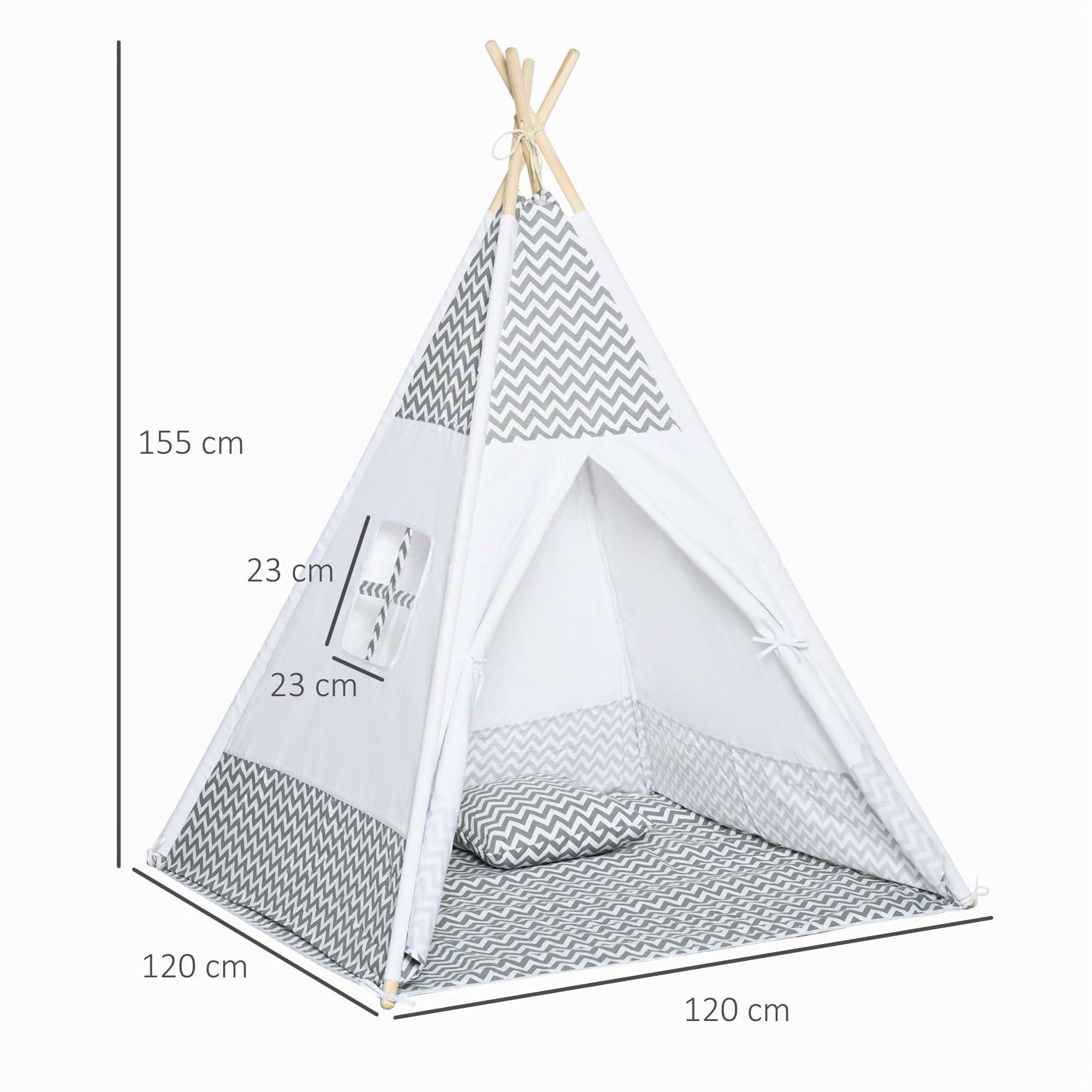 HOMCOM Tipi indiano tenda da gioco 1.2L x 1.2W x 1.55H m Grigio Bianco