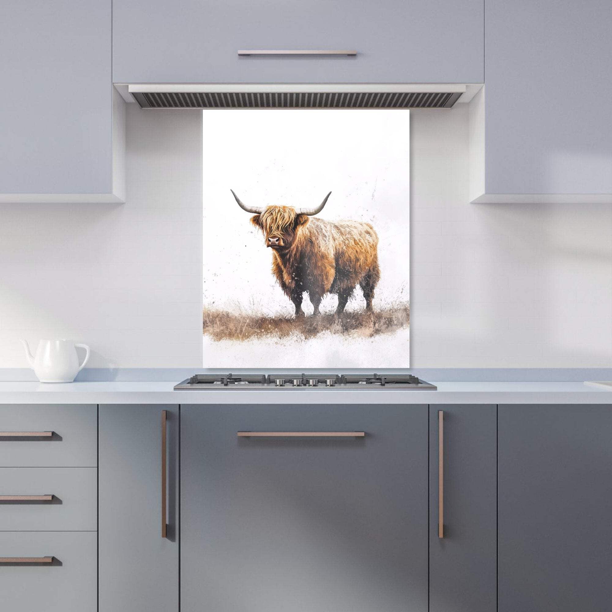 Highland Cow Watercolour Splashback - Glass Kitchen Panel - Warren Reed Designer - Brown - 600mm x 750mm