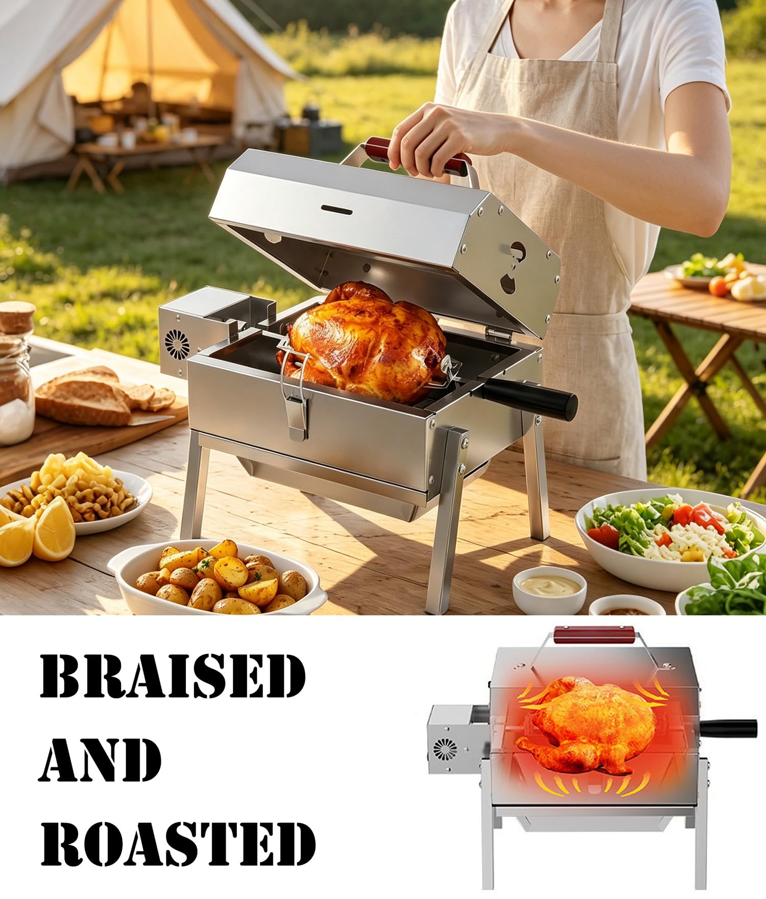 Parrilla giratoria USB-C, asador acero para camping