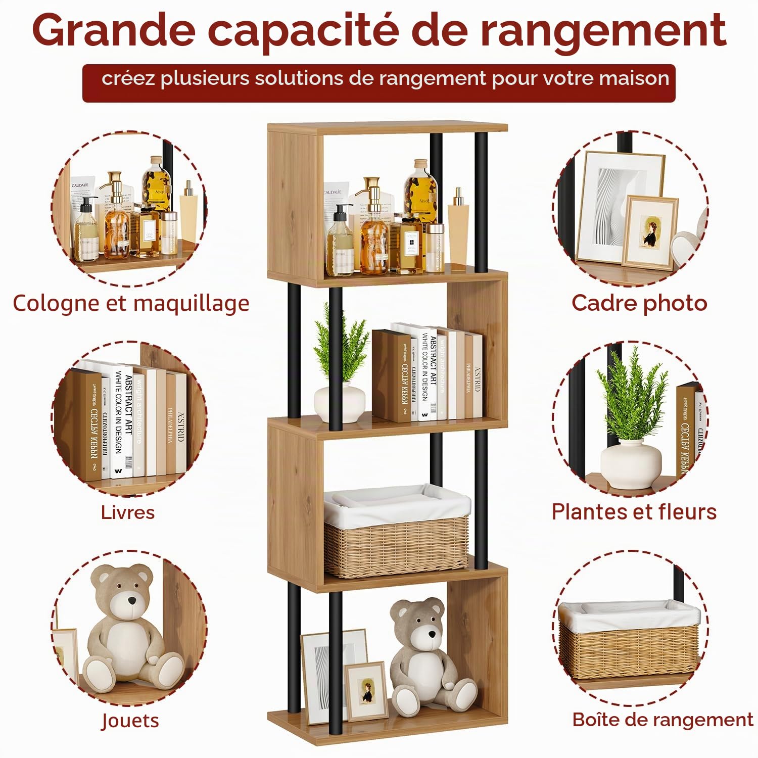 IBUYKE Bibliothèque en Forme de S, Étagère à Livres à 5 Niveaux,Meuble de Rangement,bibliothèque Moderne pour Salon, Chambre à Coucher, Bureau à Domicile,Chêne WBC015K