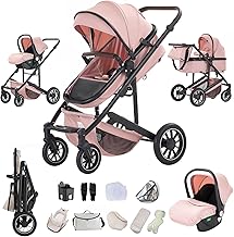 3-in-1 Baby Stroller Travel System, Pram and Car Seat Combo, Pushchair with Height Adjustable Handle, Baby Buggy Travel Pram with Aluminum Frame for Newborns 0-4 Years Pink