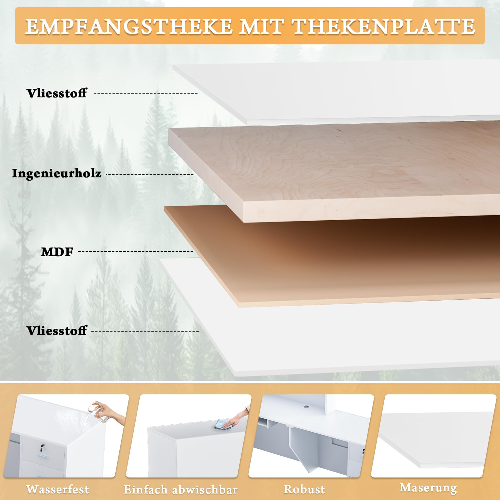 L-förmiger Empfangstisch mit abschließbarer Schublade, Ablagefächern & offenen Regalen, moderner Rezeptionstisch aus Holz für Büro, Lobby, Café