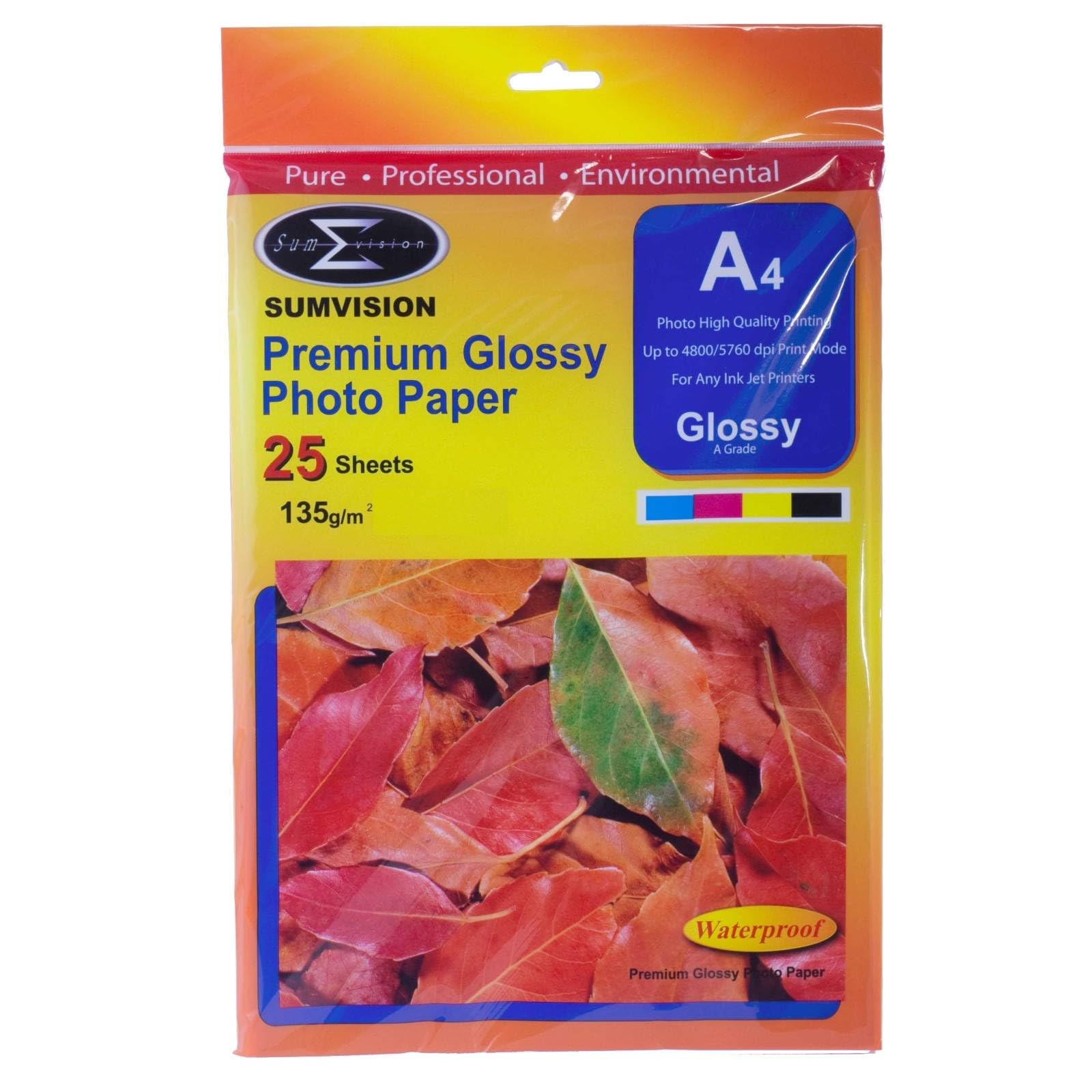 Sumvision A4 135gm Glossy Photo Paper Premium Professional Gloss Finish Inkjet Printable Photo Paper 25 Sheet Pack