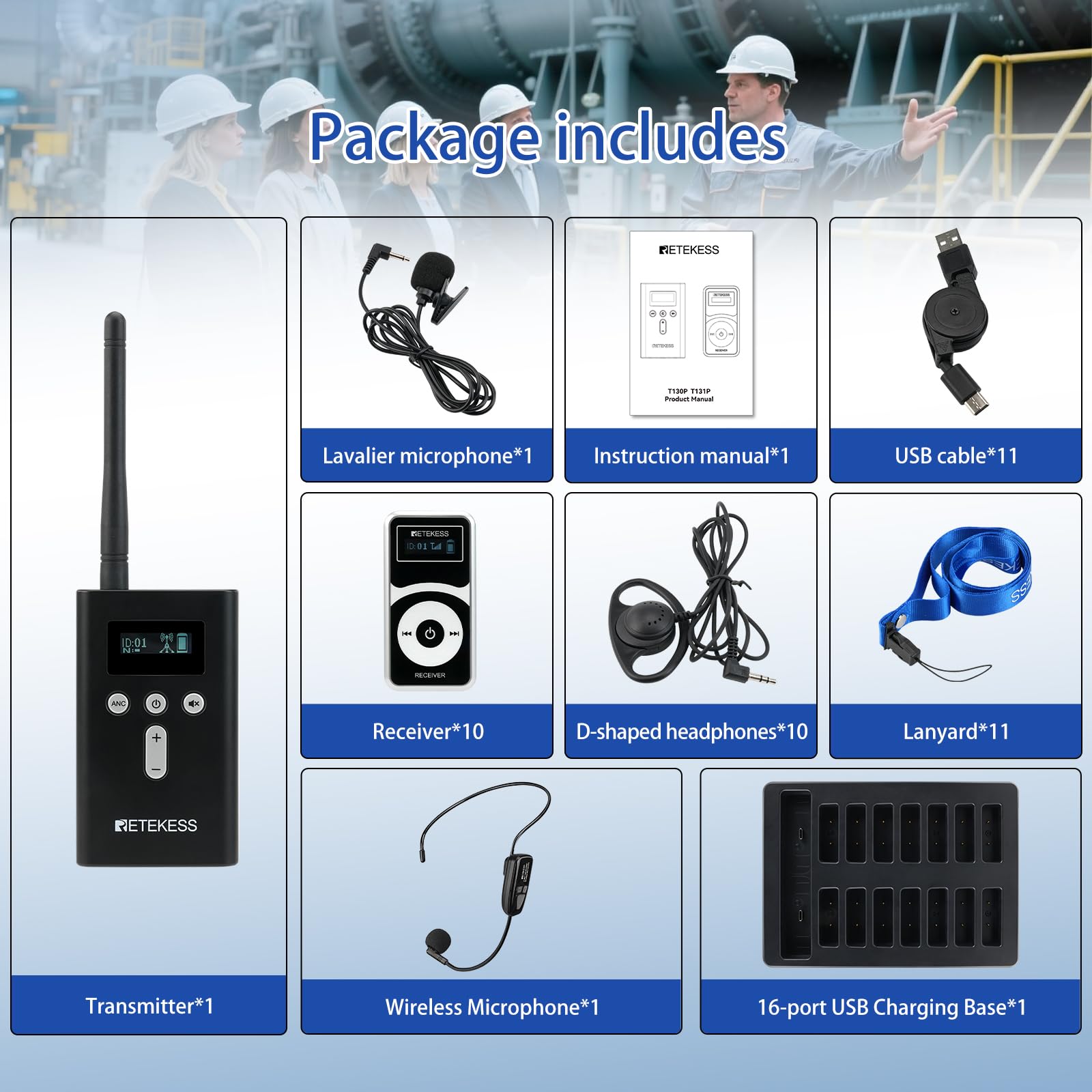 Retekess T130Pro Wireless Audio Guide System, Riduzione del Rumore Migliorata, Sistema di Guida Turistica Whisper, 160m, per Visita Fabbrica (1 Trasmettitore 10 Ricevitori)