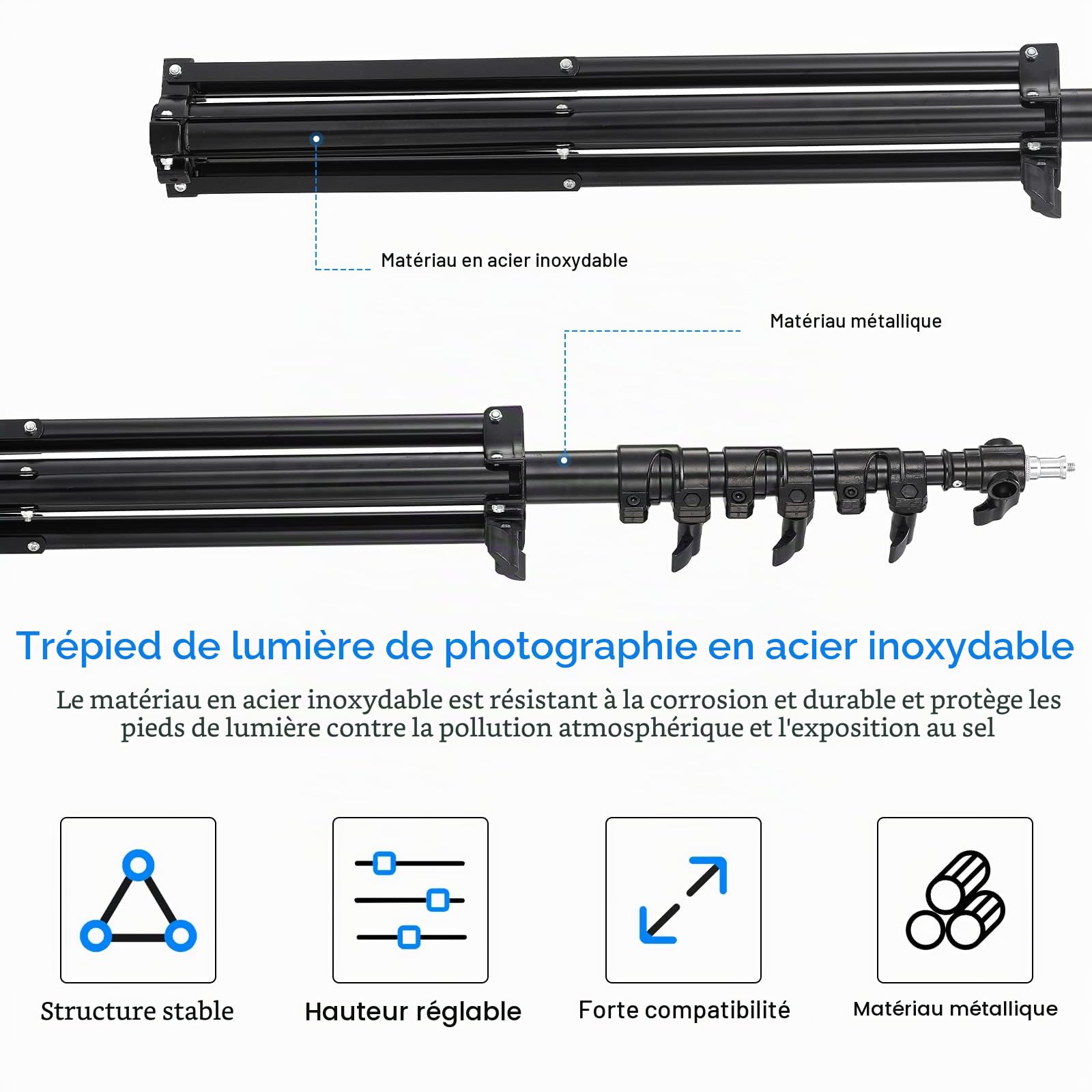 Soonpho 300cm Spring Buffer Light Stand,Support de Flash sur trépied en Acier Inoxydable avec étui et Adaptateur 1/4, 3/8 Pouce,pour Enregistrement vidéo en Studio,Softbox
