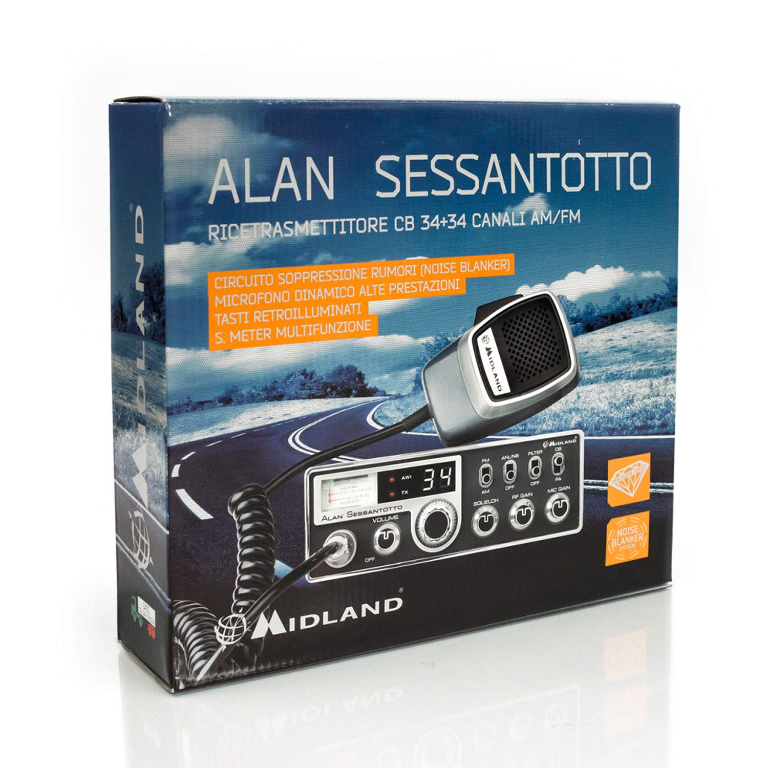 Midland ALAN 68-Radio CB, Ricetrasmittente 27 MHz, 34 Canali AM/FM, (4W)34 Canali AM/FM, 4W Potenza, RF Gain, MIC Gain, Squelch Regolabile, ANL, Noise Blanker, PA, Display Retroilluminato, S-Meter