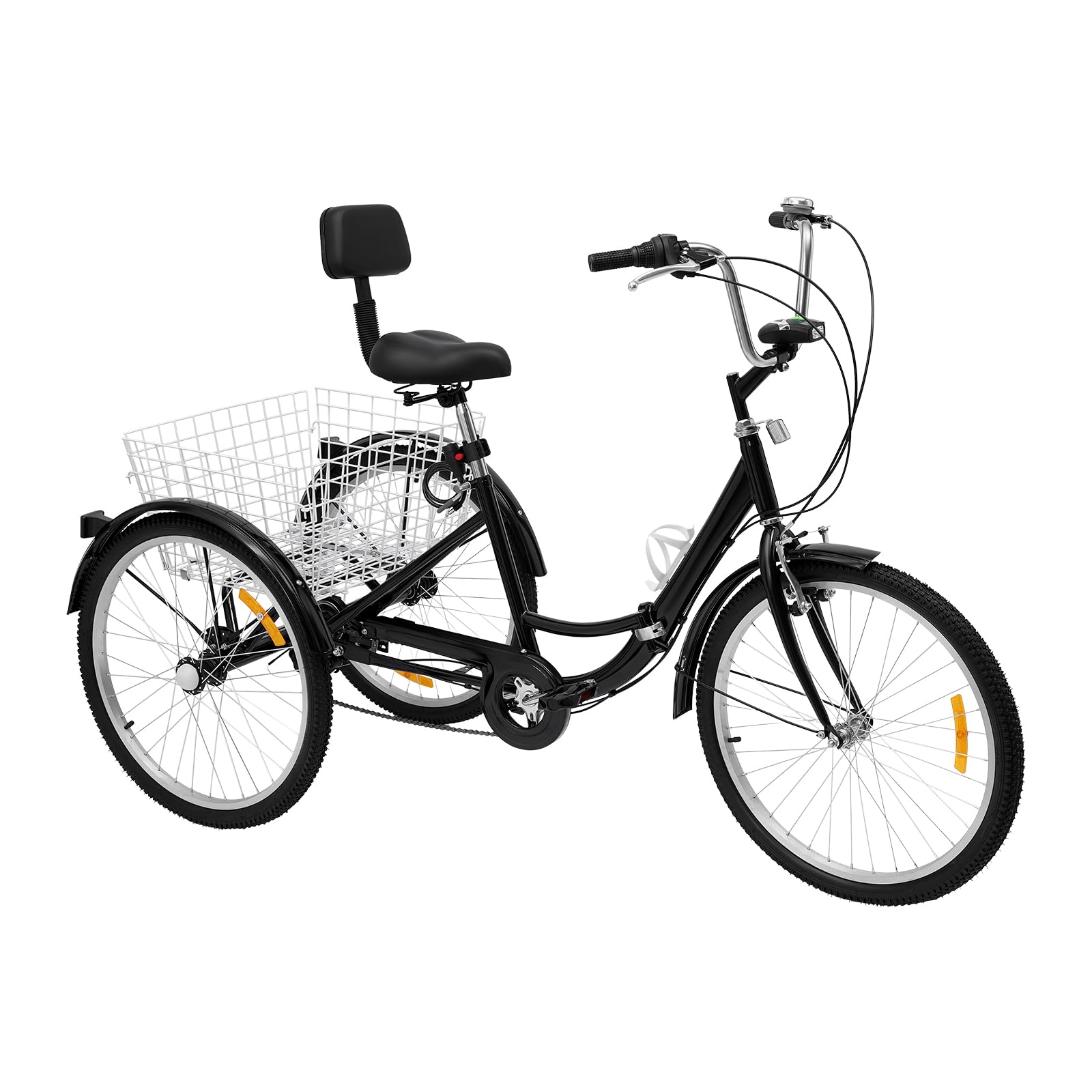 Triciclo de 24 pulgadas para adultos, bicicleta de 3 ruedas con cesta de la compra, triciclo para conducir al aire libre, con soporte para las bebidas y luces LED, asiento ajustable, adecuado para