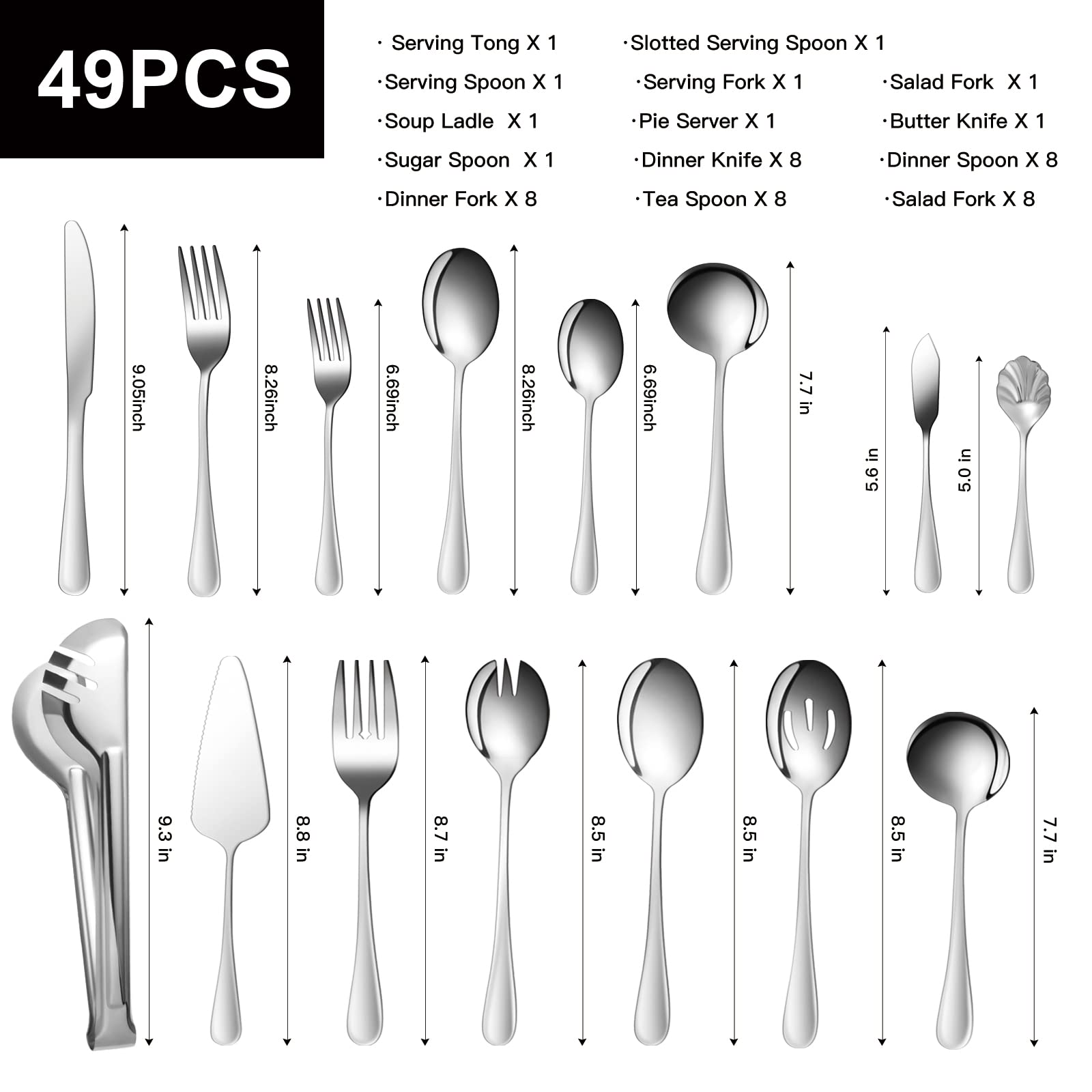 Silverware Set for 8, 32 Pcs Stainless Steel Flatware Set with Serving Spoon,Slotted Spoons,Serving Forks,Serving Tongs,Pie Server,Butter Knife Serving Utensils Set for Parties,Buffet,Kitchen