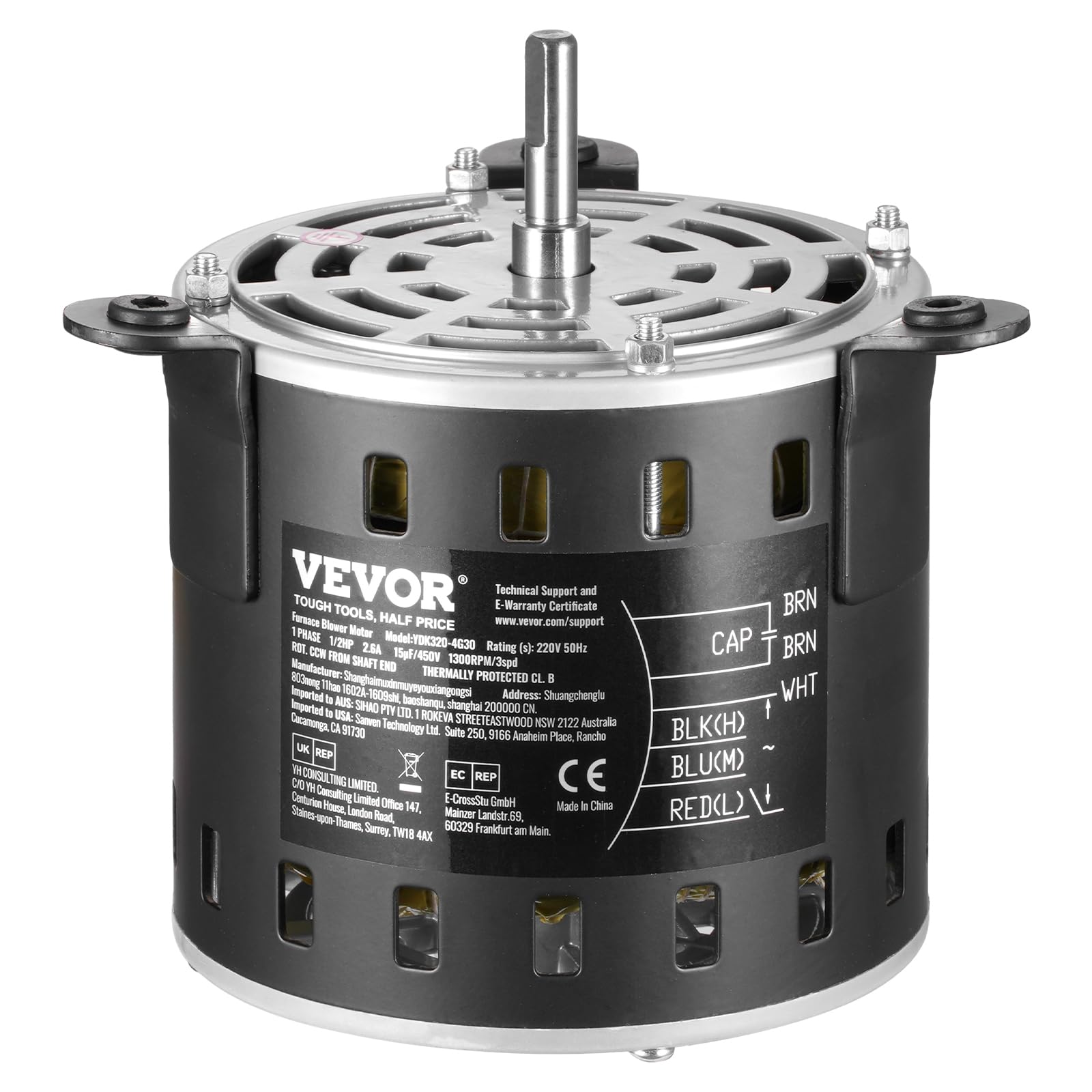 VEVOR Motor de Soplador de Horno de 1/2 HP, 220 V, 2,6 A, 1300 RPM, 3 Velocidades, Diámetro de Eje de 10 mm, Longitud de Eje de 20 mm, Rotación en Sentido Antihorario desde el Extremo del Eje