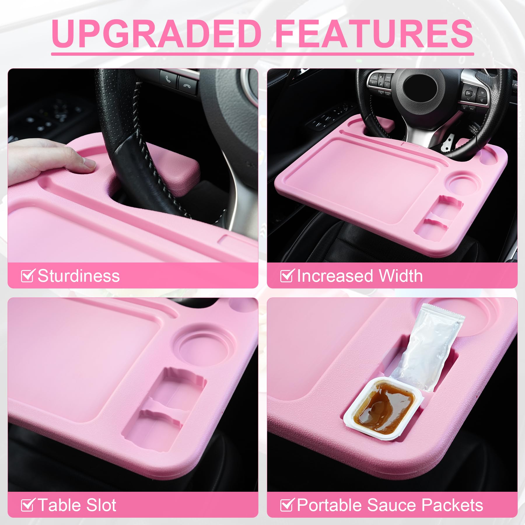 JUSTTOP 4 in 1 Car Steering Wheel Desk for Laptop,Versatile Upgraded Car Seat Tray,Spacious Steering Wheel Table with Tablet Holder and Dual Sauce Racks,Steering Wheel Under Table Console (Large+Pink) view 4