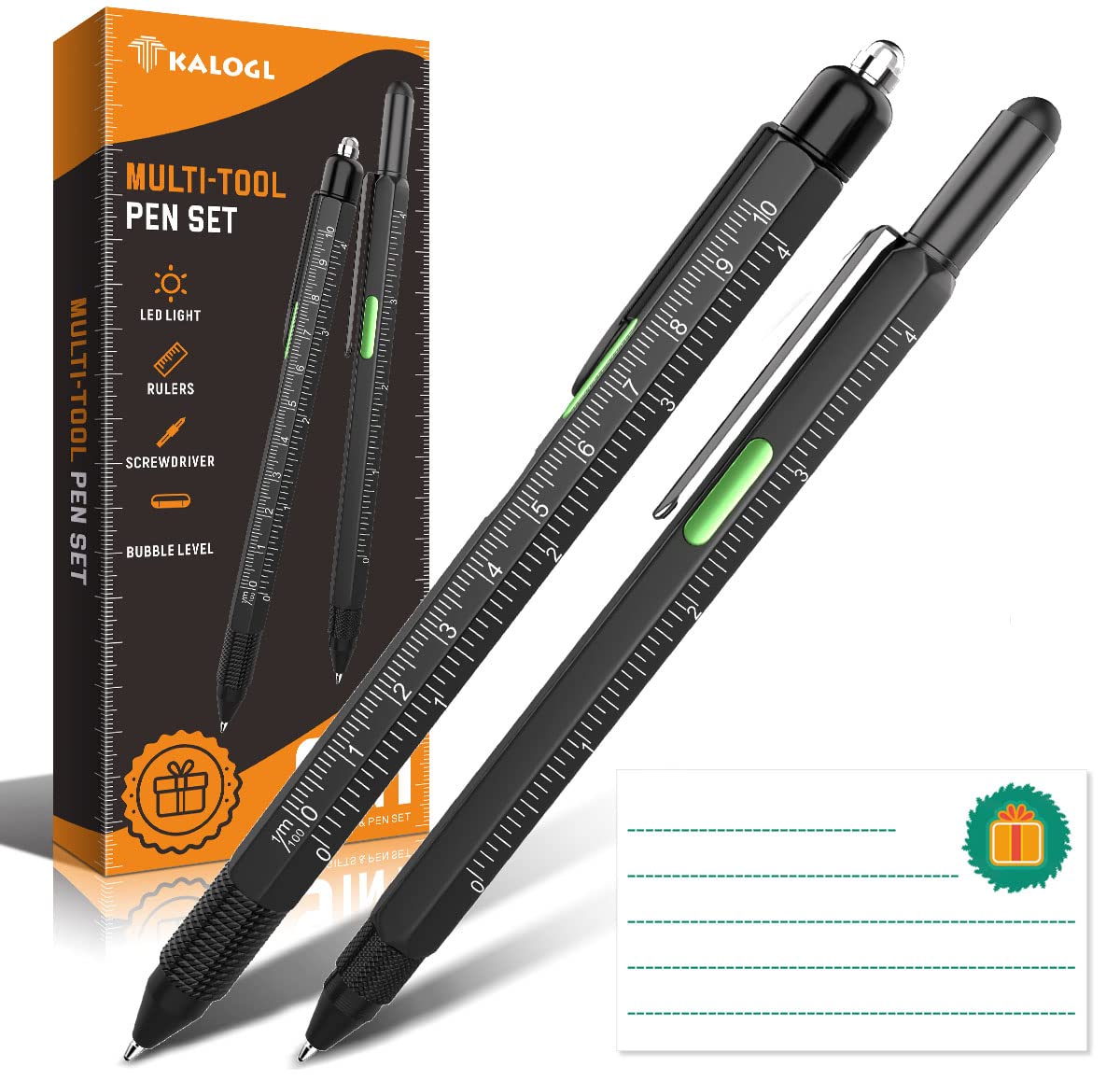 Multi tool Pen 2 Pack 2022 Upgrade [Stylus, Ballpoint Pen,with 6 Replacement Refills, 4" Ruler, Level, Phillips Screwdriver,LED] Christmas Gifts for for Men Dad Fathers Day, Cool Gadgets Gifts