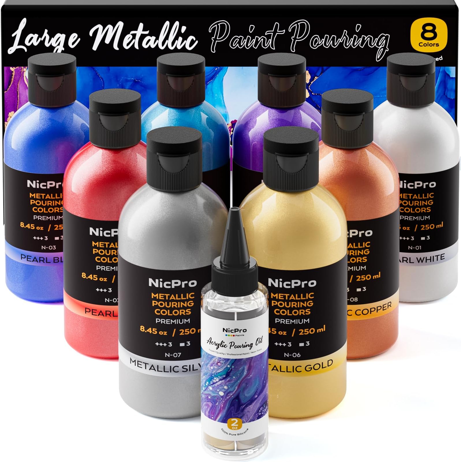 8 Colors 8.45oz Metallic Acrylic Pour Paint Supplies Kit, Large Volume Ready to Pour Premixed High Flow Pouring Paint Set with Silicone Pouring Oil, Gloves, Instructions for Beginner DIY