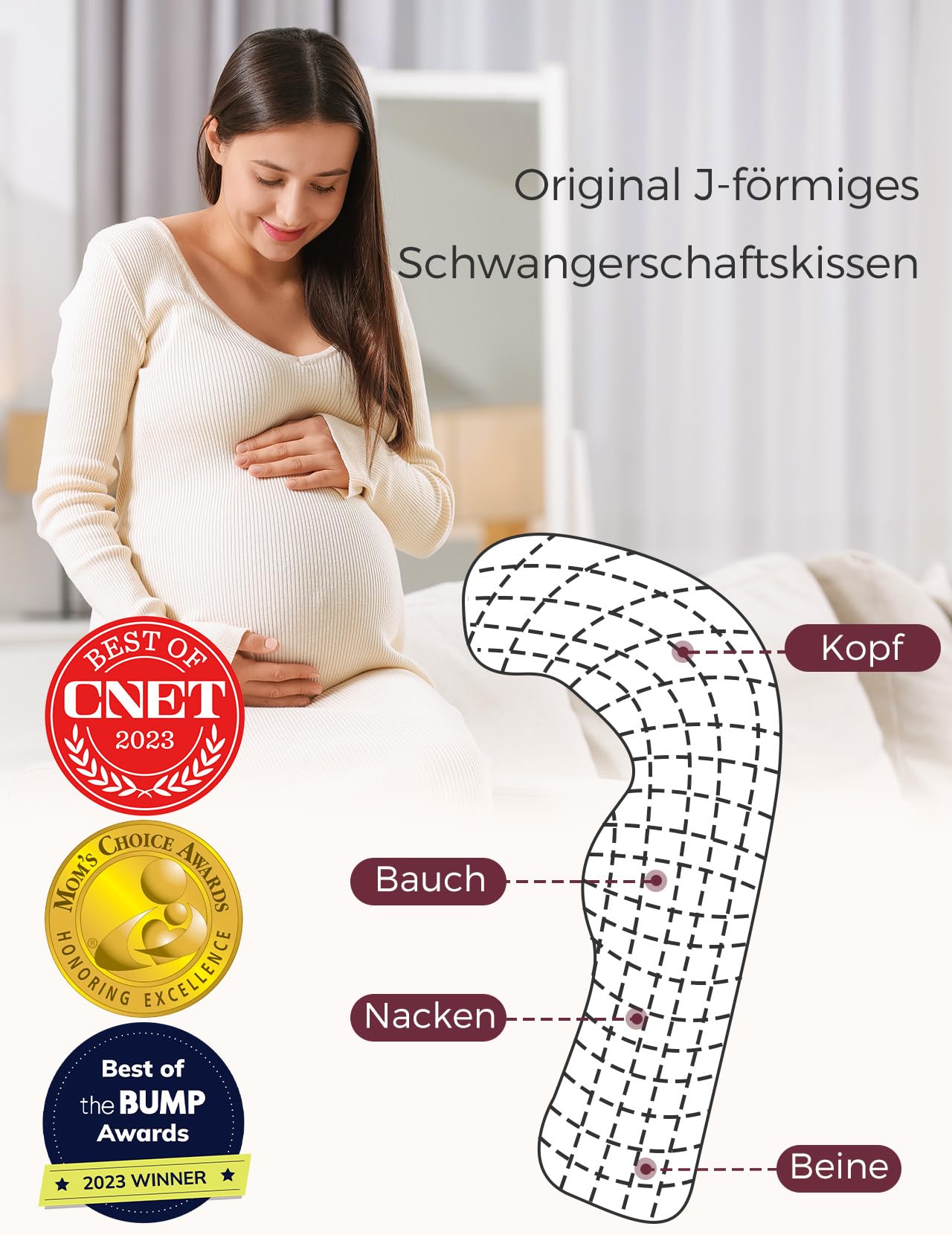 Momcozy J-förmiges Seitenschläferkissen 119 x 43 cm – Oeko-TEX Schwangerschaftskissen & Stillkissen, weicher Bezug, Stütze für Bauch, Rücken und Beine, vielseitiges Körperkissen, maschinenwaschbar | Momcozy