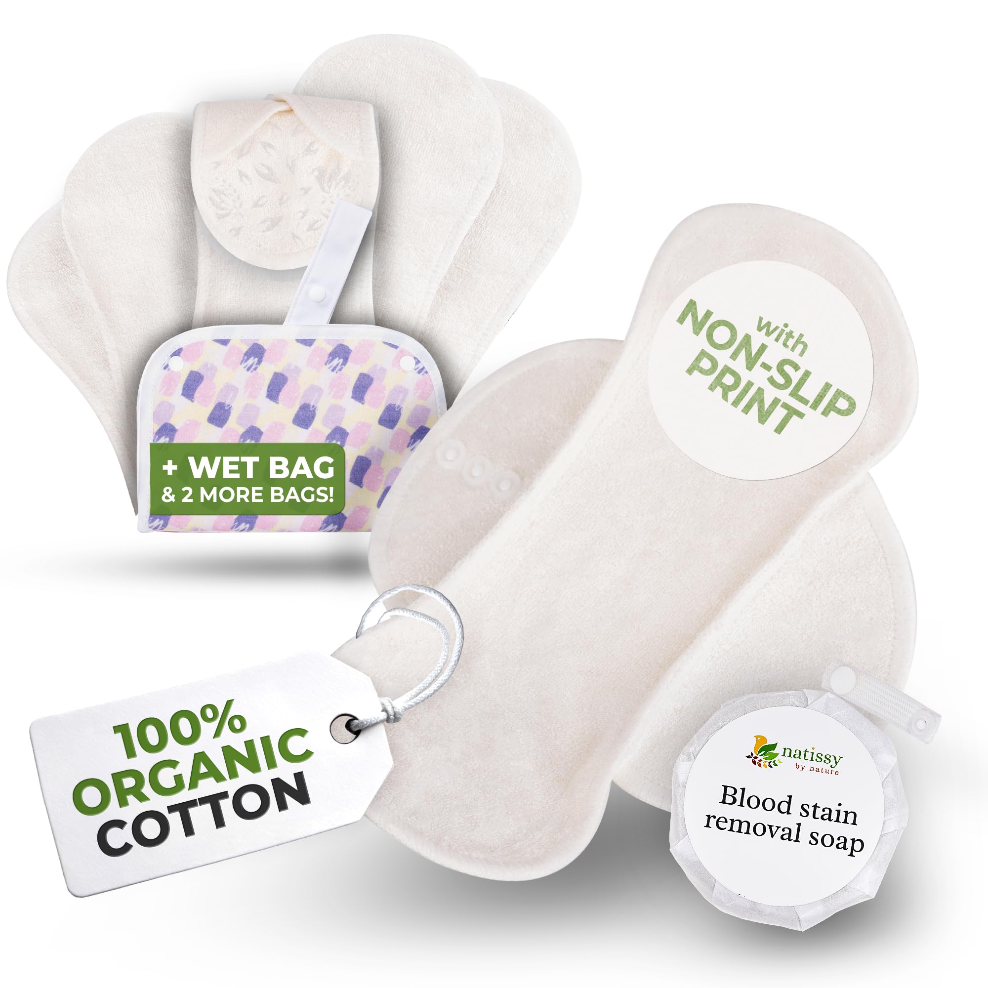 Non-Slip, Organic Reusable Menstrual Pads for Light Flow (6 Pack S+M) - Leak Proof & Odor Free Viscose Cloth Pads for Women & Teens - High-Temp