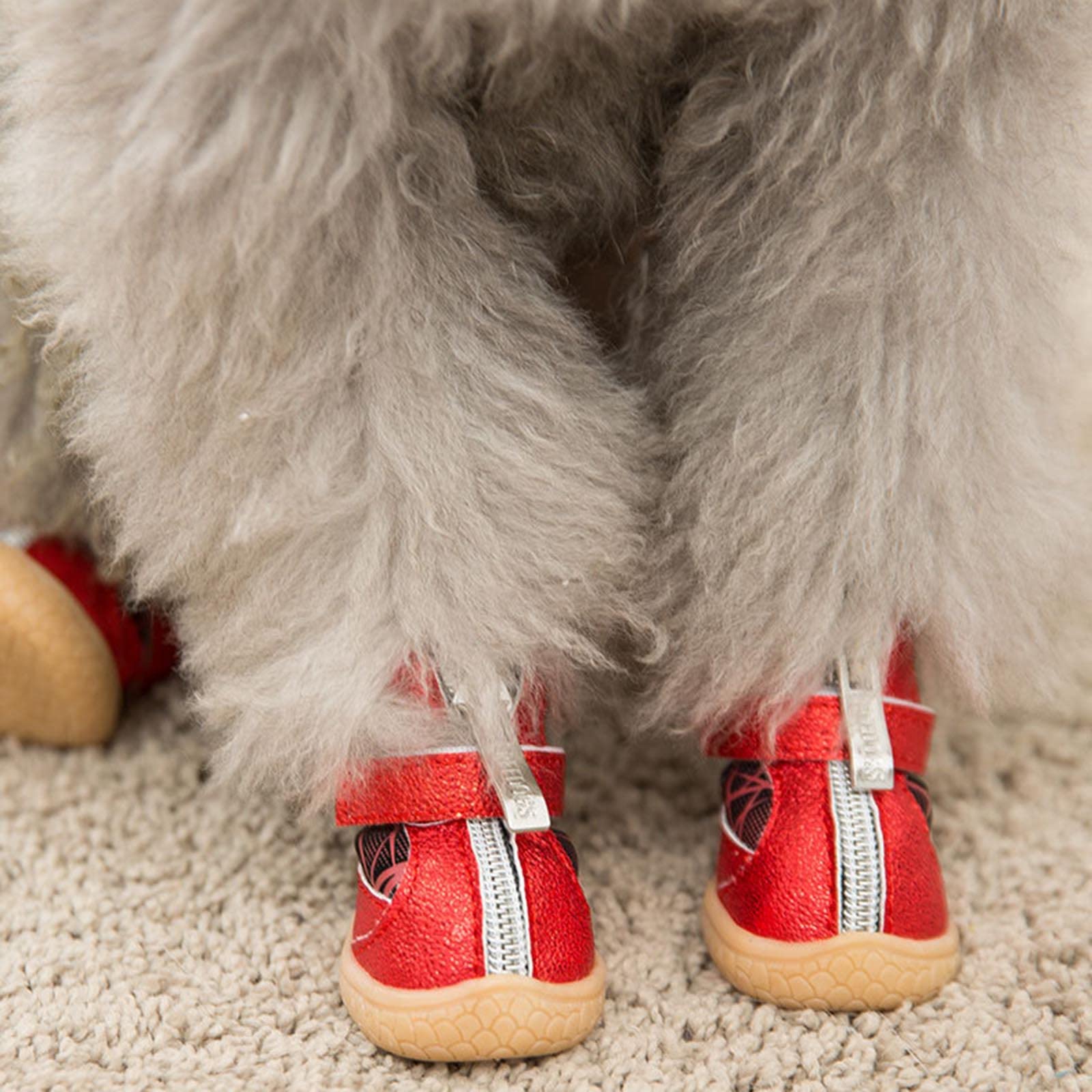 JUSHZ Hundeschuhe Pfotenschutz Dog Shoes Hund Schuhe Puppy 4er-Set Abriebfester Anti Rutsch Frühling Atmungsaktiv Reflektierender Streifen Gittergewebe Mit Reißverschluss (1,red)