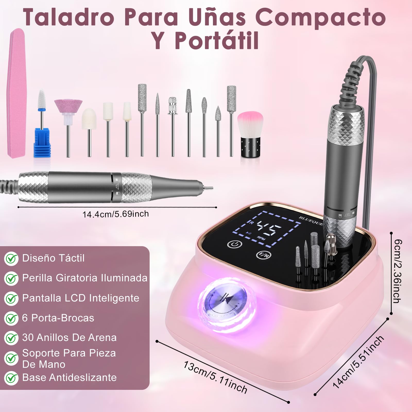 Dreamhigh® Torno para Uñas Profesional 45 000 RPM, Lima Eléctrica Uñas, Fresa para Uñas, Kit de Lima de Uñas Portátil, Manicura y Pedicura, Taladro Eléctrico para Retirar Gel/Esmalte, Rosa