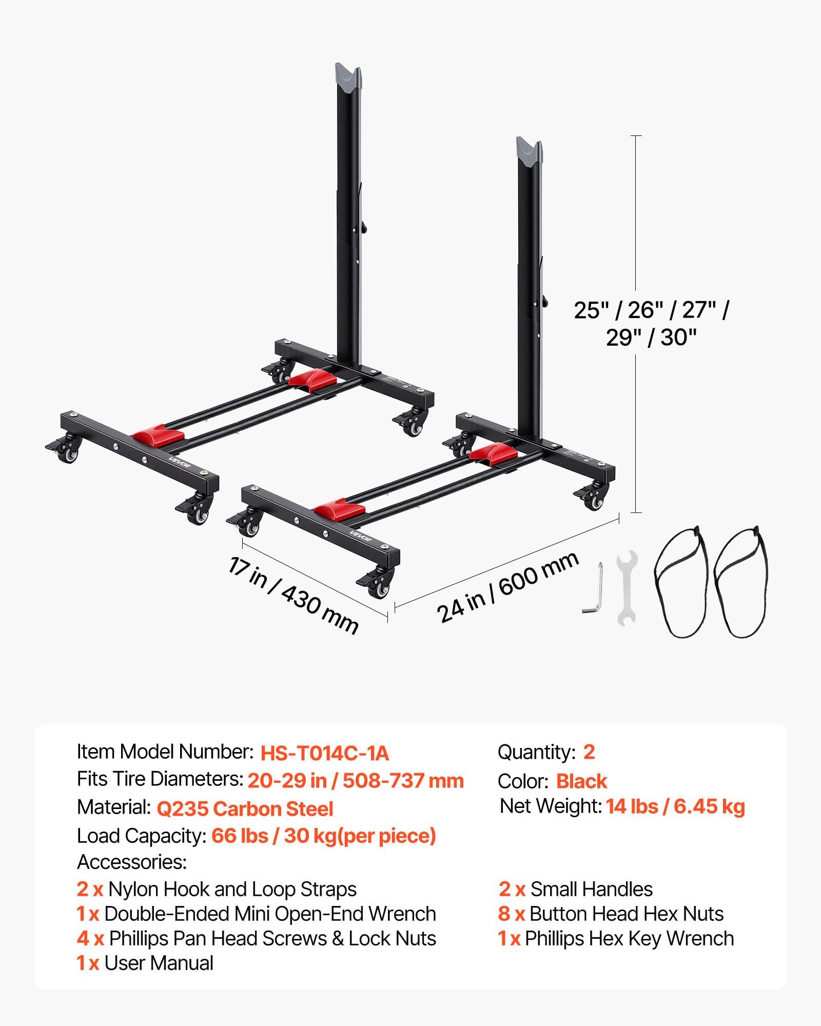 VEVOR Soporte para Bicicleta de Acero con Ruedas 360°, Altura Ajustable, Portabicicletas Independiente con Bloqueo, Uso Vertical y Horizontal para Ruedas de 20 a 29 Pulgadas (508 a 737 mm), Juego de 2