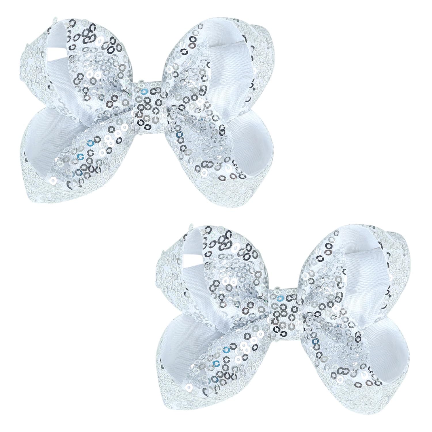 Cute 3.8" Silver Sparkly Glitter Sequin Hair Bows - Pack of 2 for Little Girls