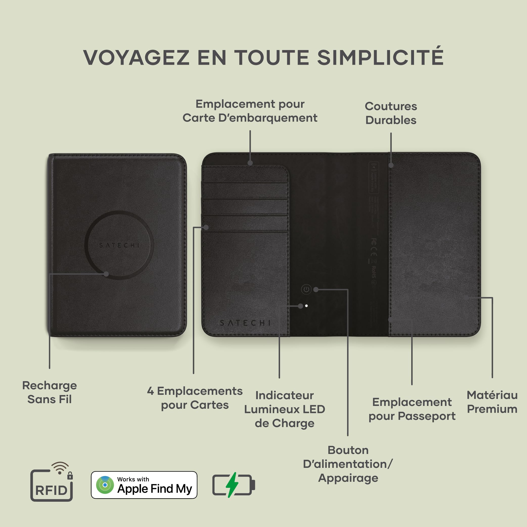 Satechi FindAll Protège-Passeport avec Apple Find My, Pochette avec 4 Fentes pour Cartes, Recharge sans Fil et Protection RFID, Accessoire de Voyage en Matériau Premium (PU) – Noir