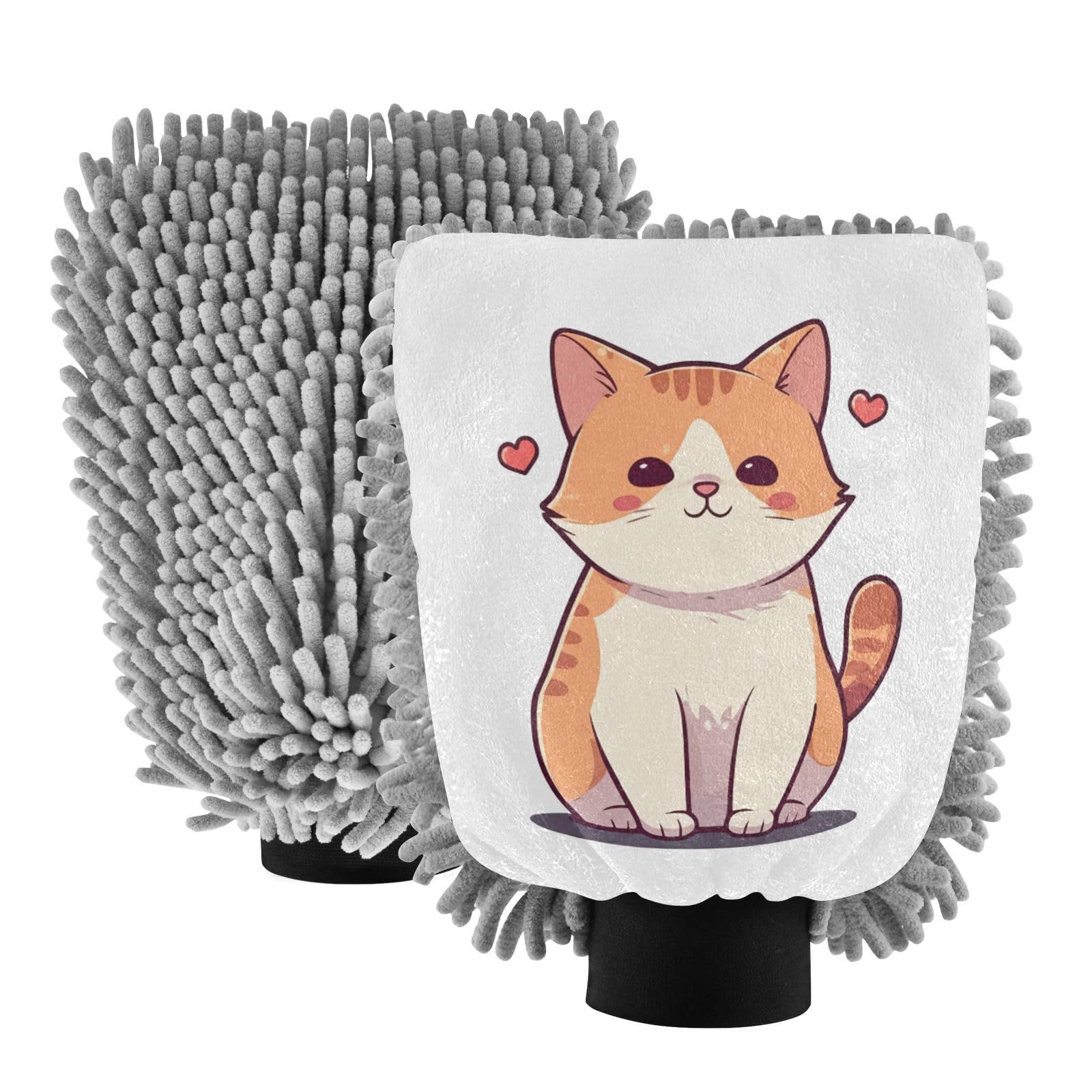 STAYTOP Cartoon Cat Car Wash Mitt Microfiber, 2Pcs Scratch Free Lint-Free, Premium Chenille Microfiber Mitt Car Wash Brush-M