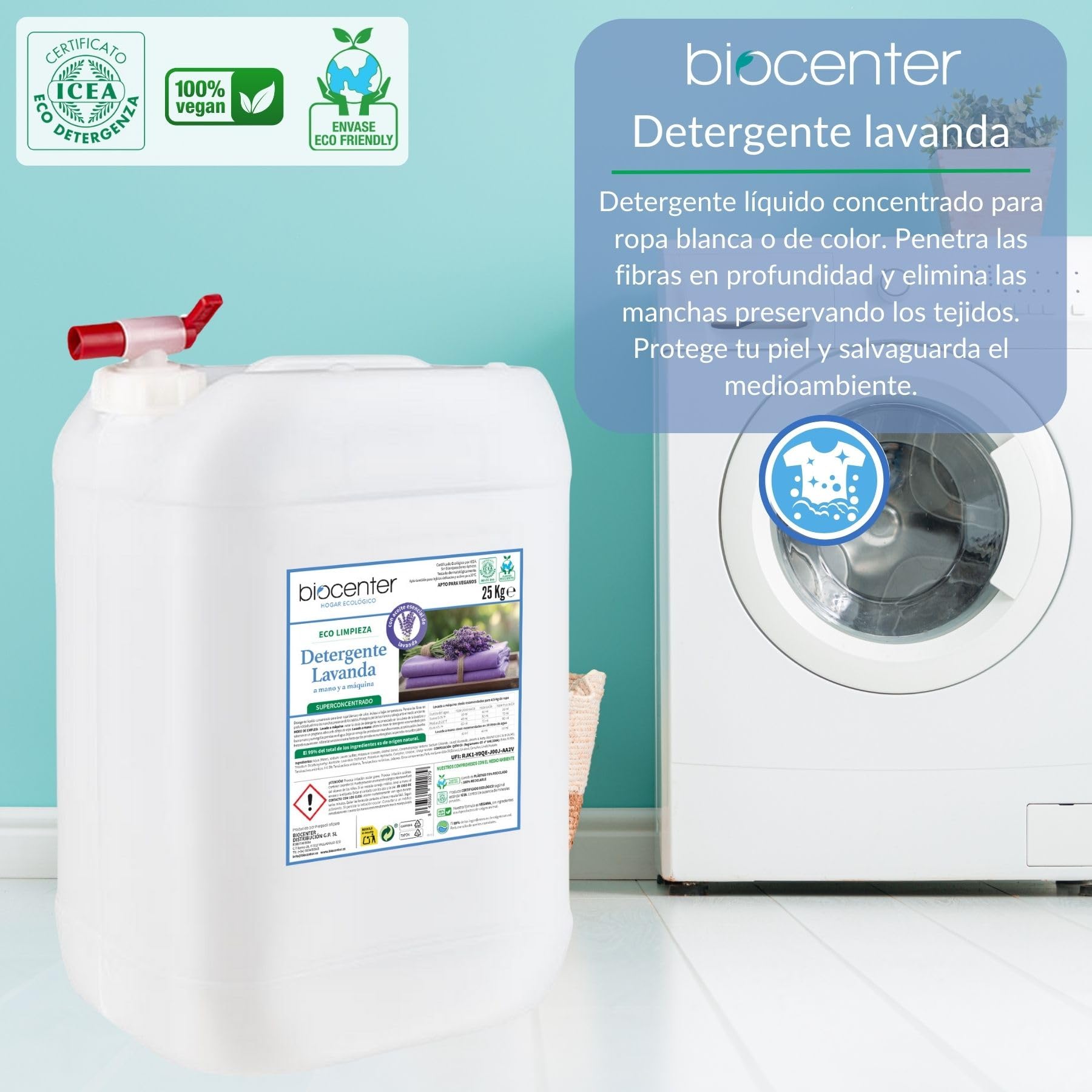 BIOCENTER - Detergente ecológico para Ropa - LAVANDA - Formato a granel de 25 Kg con grifo