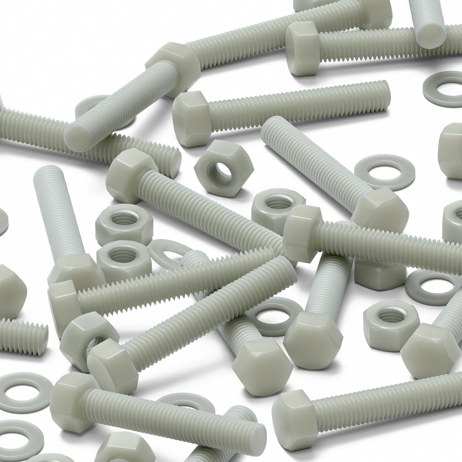 20x Viti a testa esagonale naturali in nylon PA66+GF M8 x 50 mm + dadi | Chiave o bussola afferrano la testa esagonale, che resta rialzata per svitarla in seguito.