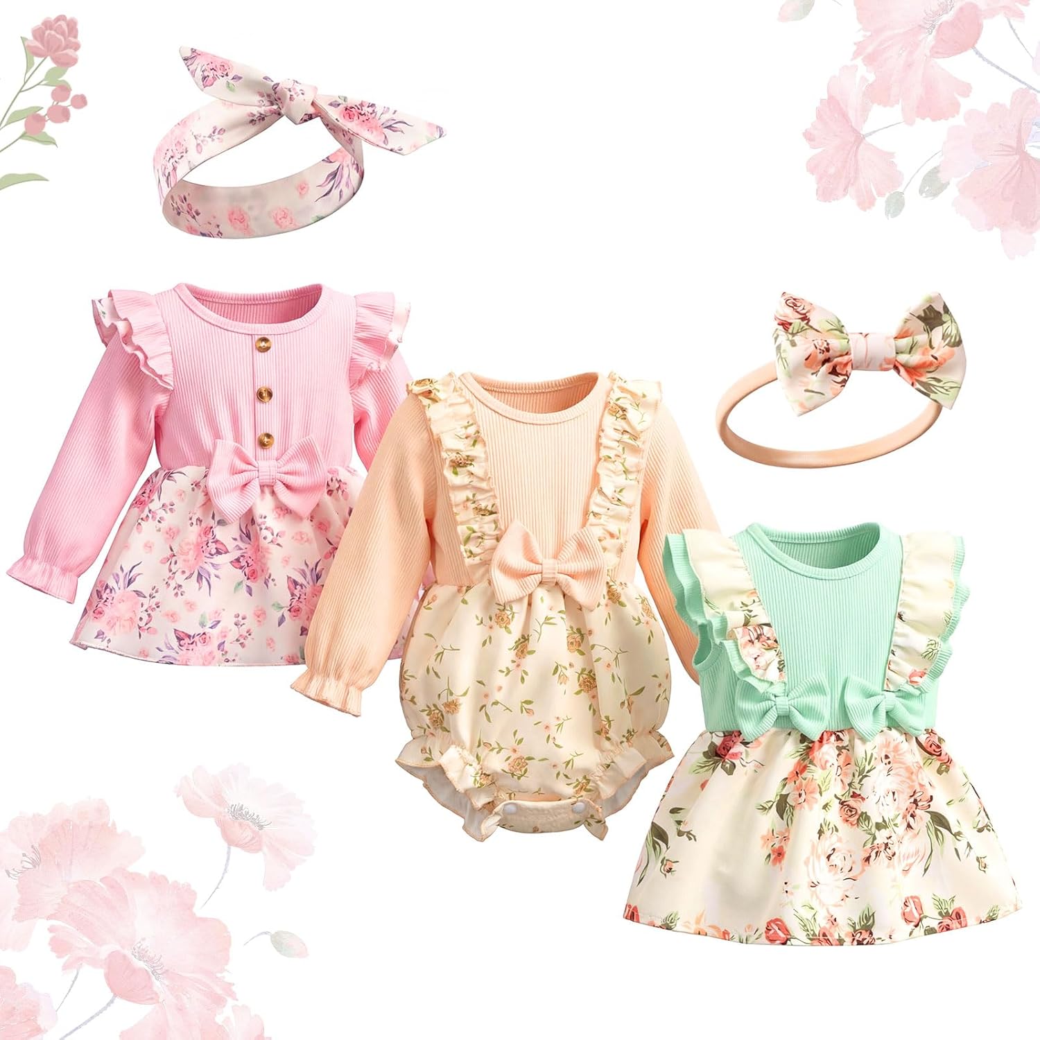 3 Set 20 Inch Reborn Baby Doll Clothes Colorful Floral Baby Doll Clothes Printed Dress Accessories with Headband Bulk for Girl Get Dressed, Including Light Green, Khaki, Pink