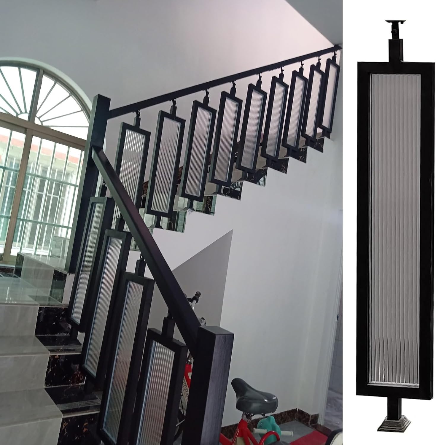 CMBSSTFC Zestaw wrzecion tralek schodowych z kutego żelaza i szkła Wytrzymała balustrada schodowa Poręcz ze śrubami Eleganckie wnętrze Balustrady schodowe Wystrój Biały cm