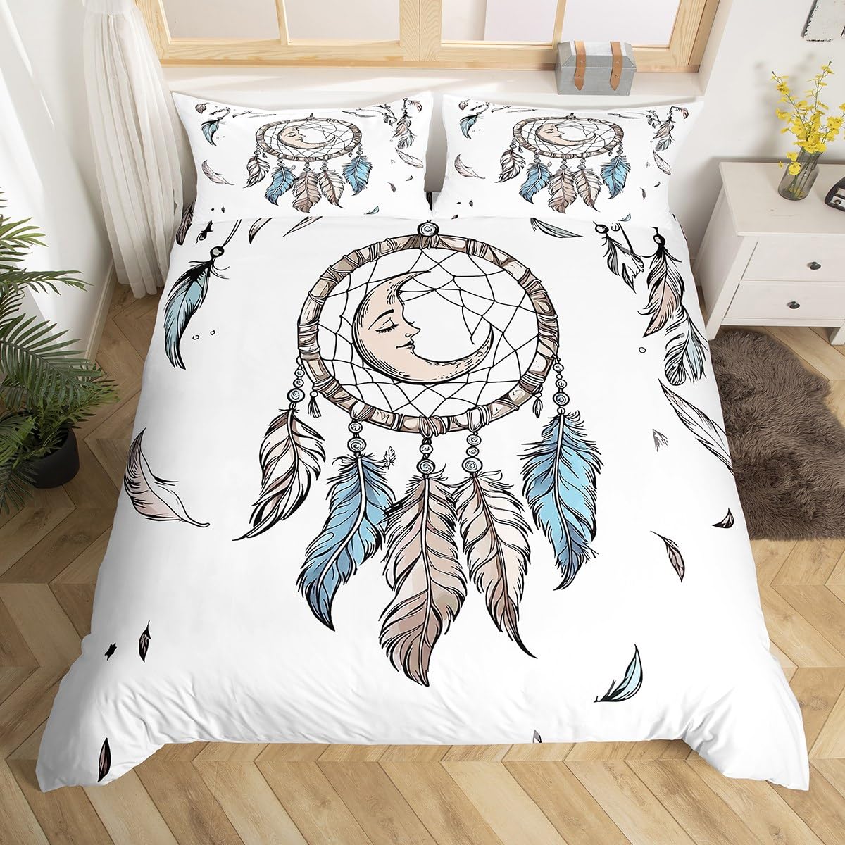 King Dreamcatcher poszewka na kołdrę dla dzieci, chłopców, dziewcząt, zestaw pościeli boho łapacz snów, zestawy łóżek z piórami w stylu boho, plemienna poszewka na kołdrę z 2 poszewkami na poduszki,