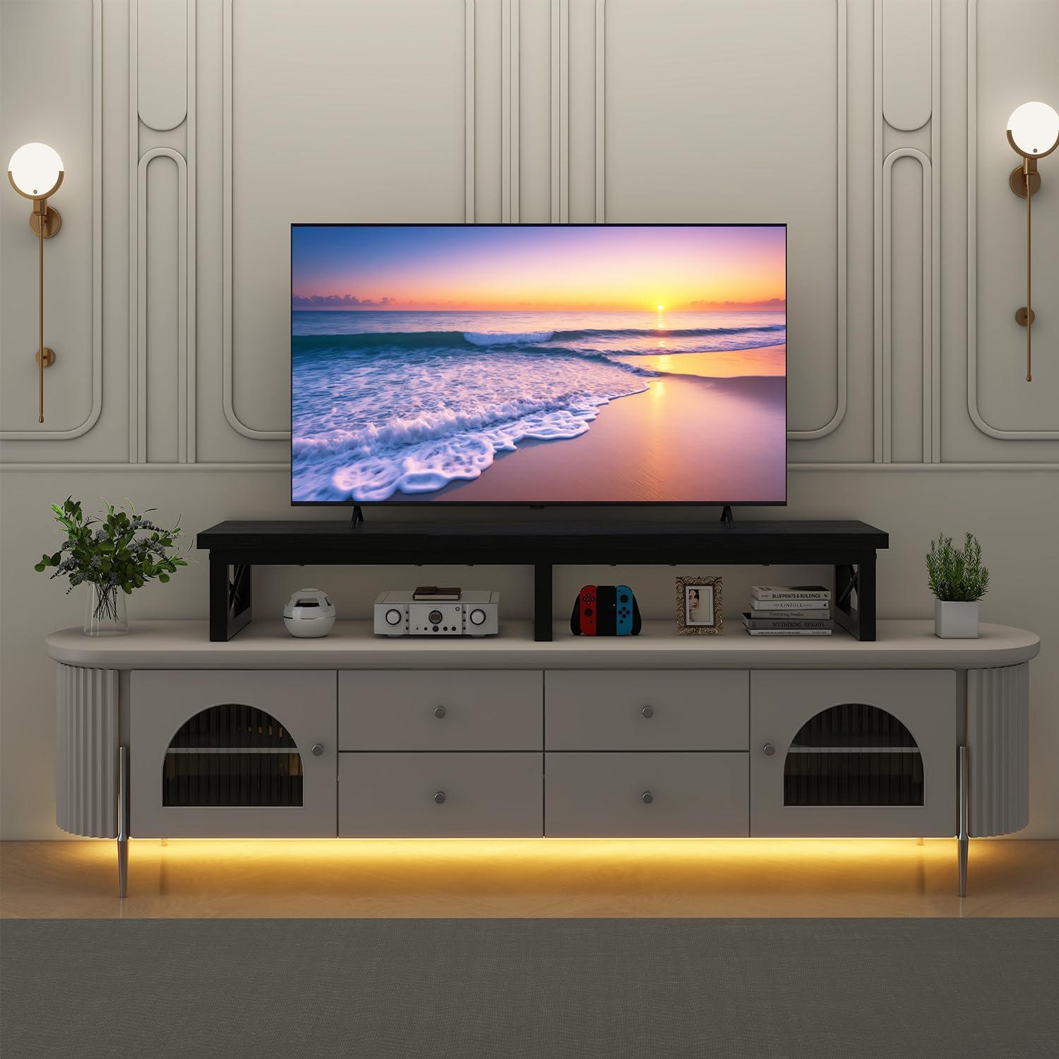 IBUYKE 45" Large TV Riser for 32-60 inch TV,Tabletop Short TV Stand with Storage and Steel Legs,Dual Screen Office Desk,Stand Riser,TV Riser Stand for Home,Bedroom,Living Room,Black TVT002B