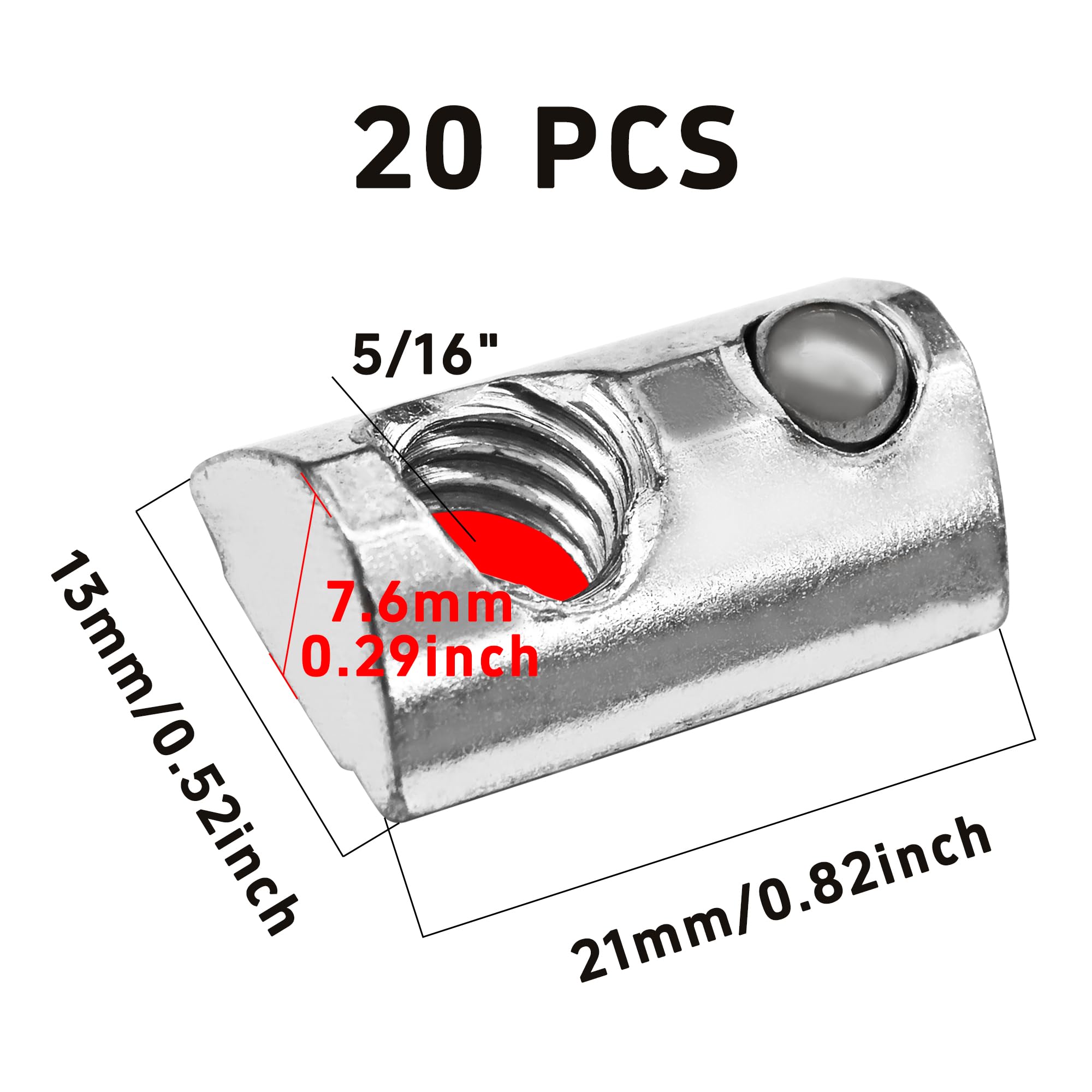 AUXBC 20PCS 5/16”-18 Threaded Steel Roll in T-Nut with Ball Spring, Silver T Spring Nut, T Slot Nuts Accessory Hardware for Aluminum Extrusion Profile Rail