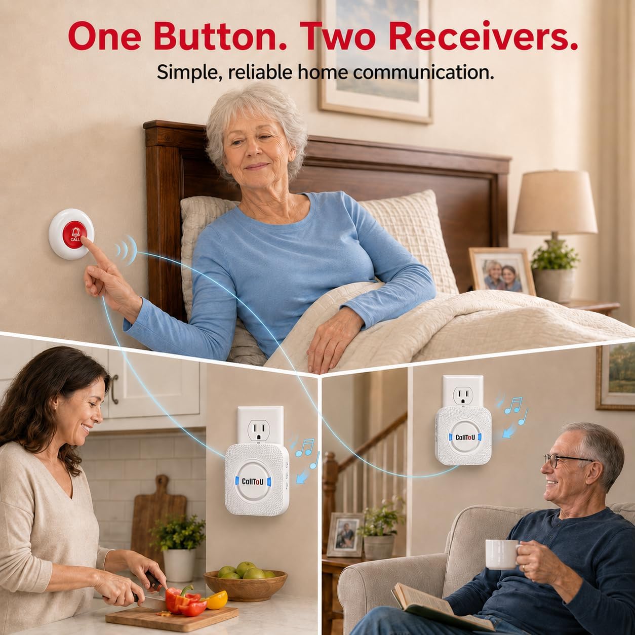 CallToU Caregiver Pager Wireless Chiamata Pulsante Infermiere Sistema di Allarme 500 Piedi per Casa/Anziani/Paziente/Disabili 2 Ricevitore Plugin 1 Trasmettitore Impermeabile
