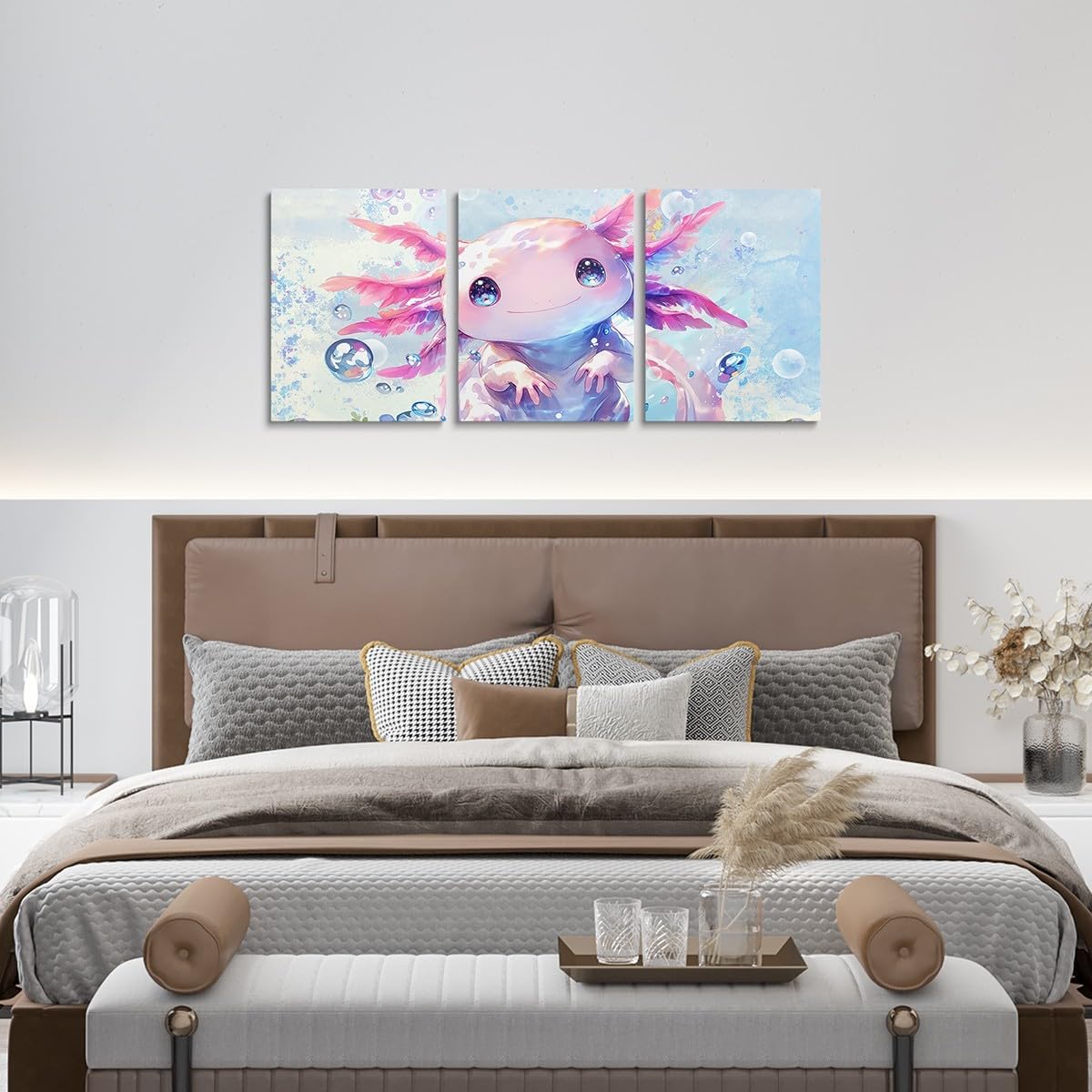 Feelyou Boys Girls Cute Axolotl Canvas Wall Art for Living Room Bedroom Ocean Sealife Wall Painting Posters and Prints Kids Kawaii Animal Picture Wall Decor Cartoon Bathroom Wall Art 12"x16"x 3Pcs