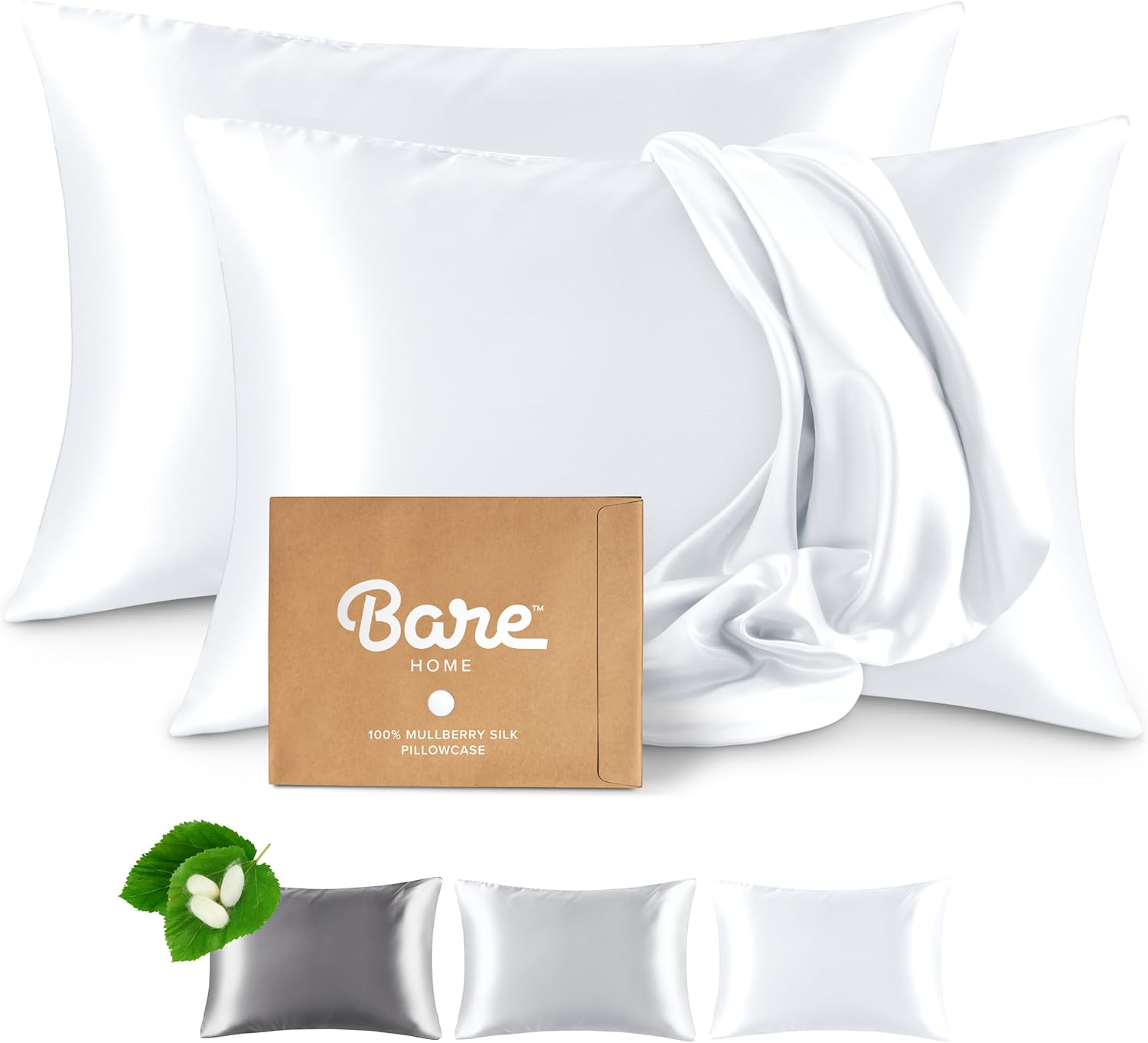 Bare Home 100% Mulberry Silk Pillowcase for Hair and Skin - Ultra Premium 6A Grade 19 Momme Silk Pillow Case - Hidden Zipper - Breathable Cooling Pillow Cover (Queen 2 Pack, White)