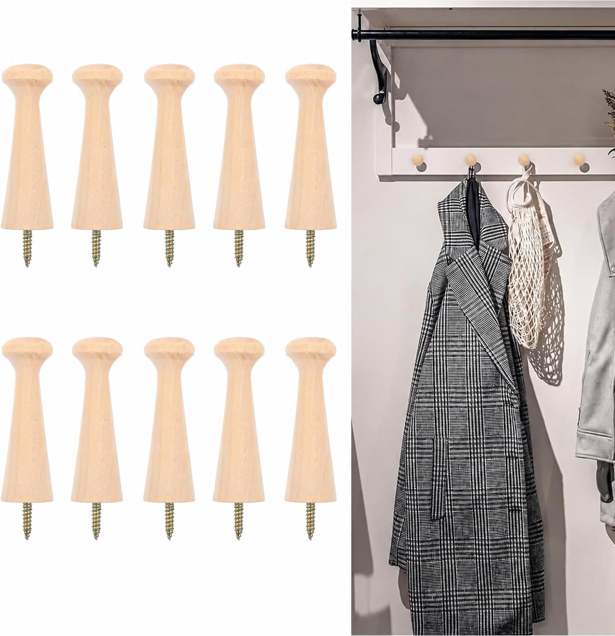 10 Pcs Wooden Shaker Peg Screw-on Shaker Pegs 3.3 Inch Solid Unfinished Wood Shaker Racks Wooden Hooks for Hanging Clothes Hats Keys Bags Towel