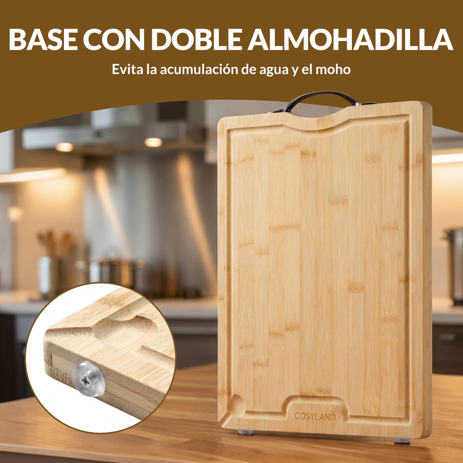COSYLAND Tabla de Cortar de Madera 40x30x2 cm Preaceitada con Ranura para Jugos y Patas Antideslizantes