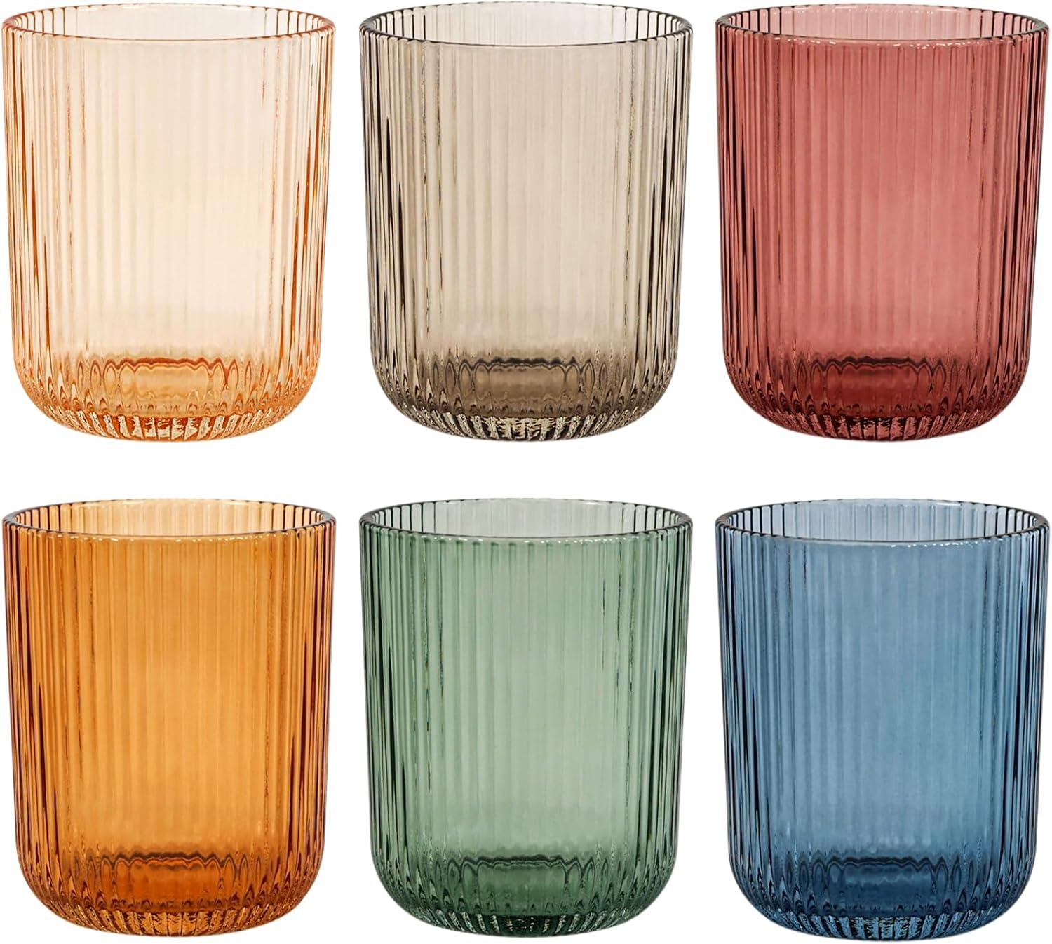 Colored Ribbed Drinking Glasses Set of 6 - 8.5oz,Multicolor Vintage Glassware,Highball Glasses for Juice, Coffee, Cocktails,Colorful Tumbler Glasses Cup Set for Party,Housewarming,Mother's Day