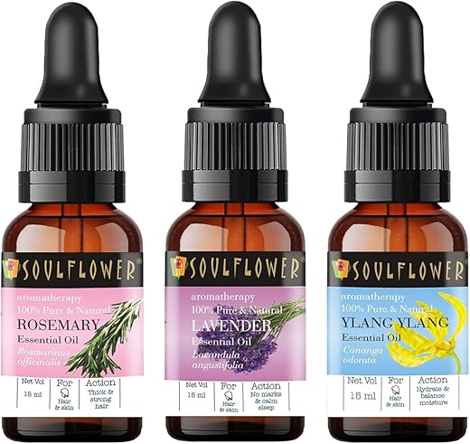 Soulflower Rosemary Essential Oil with Lavender & Ylang Ylang for Hair Growth, Hair Fall Control and Nourishment| 100% Pure, Naural, Organic Certified & Undiluted Combo| Pack of…